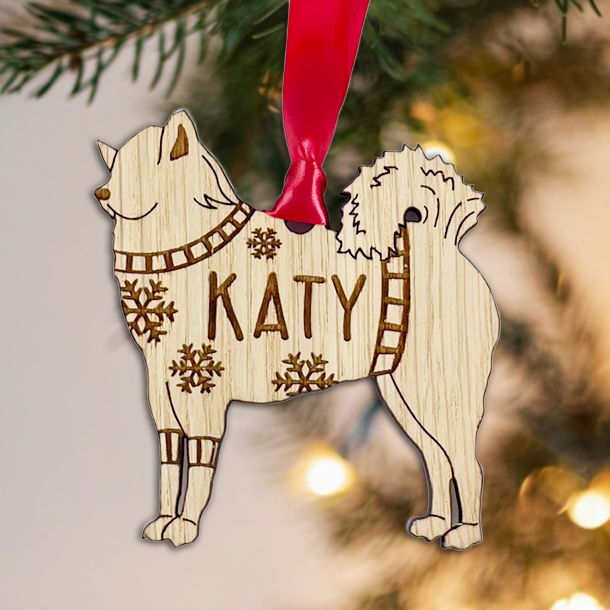 Personalised Eurasier Bauble Jumper Dog Bauble - Oak Veneer Wood - Add any name