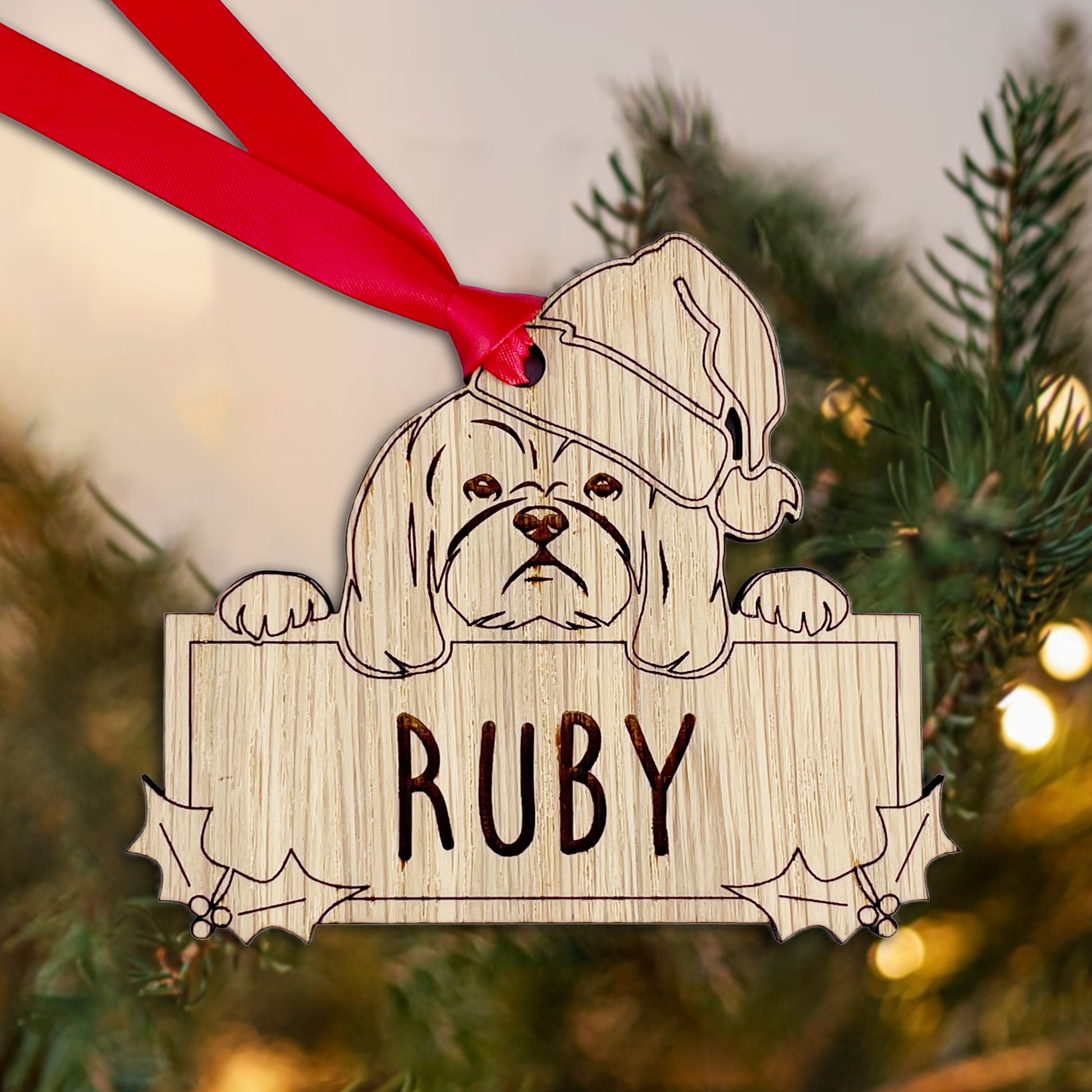 Personalised Shih Tzu Dog Bauble - Peeking Dog - Oak Veneer Wood - Add your own name!
