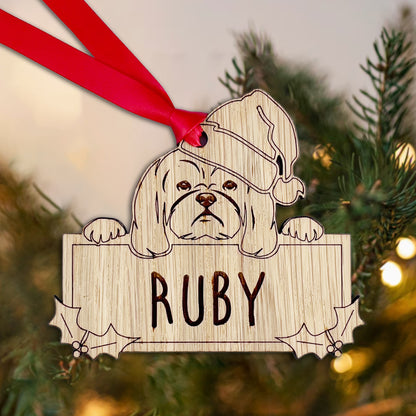 Personalised Shih Tzu Dog Bauble - Peeking Dog - Oak Veneer Wood - Add your own name!