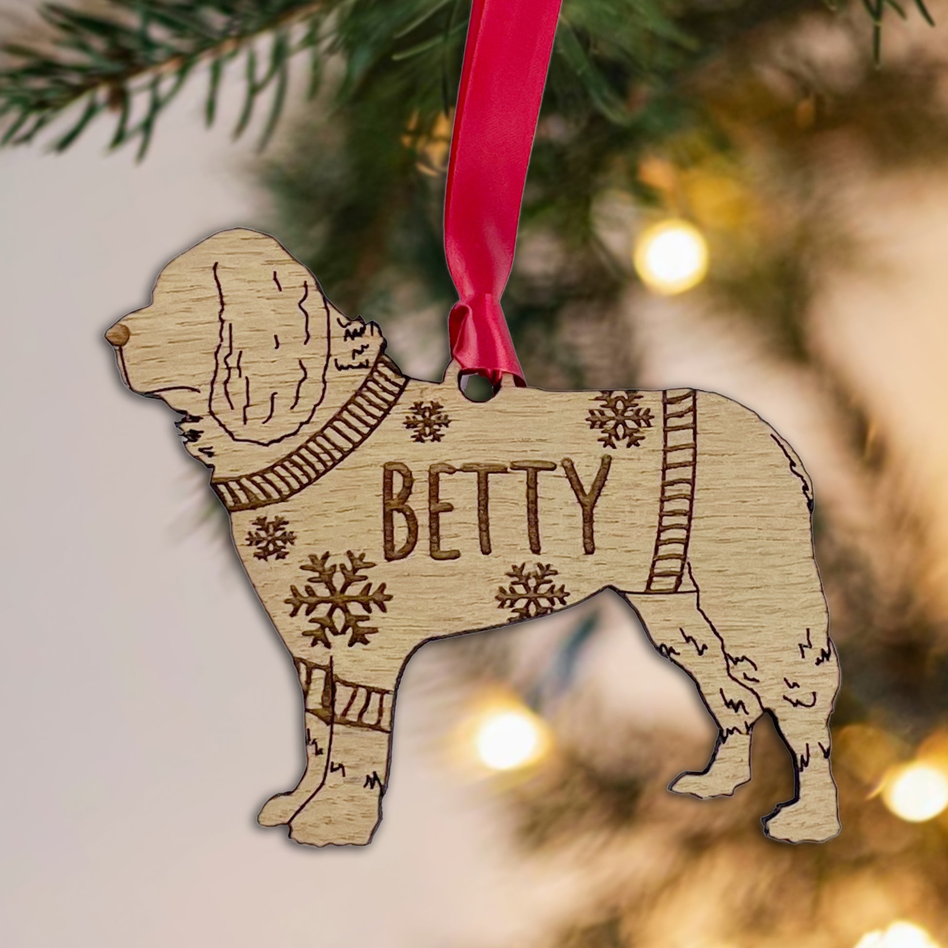 Personalised Newfoundland Bauble Jumper Dog Bauble - Oak Veneer Wood - Add any name