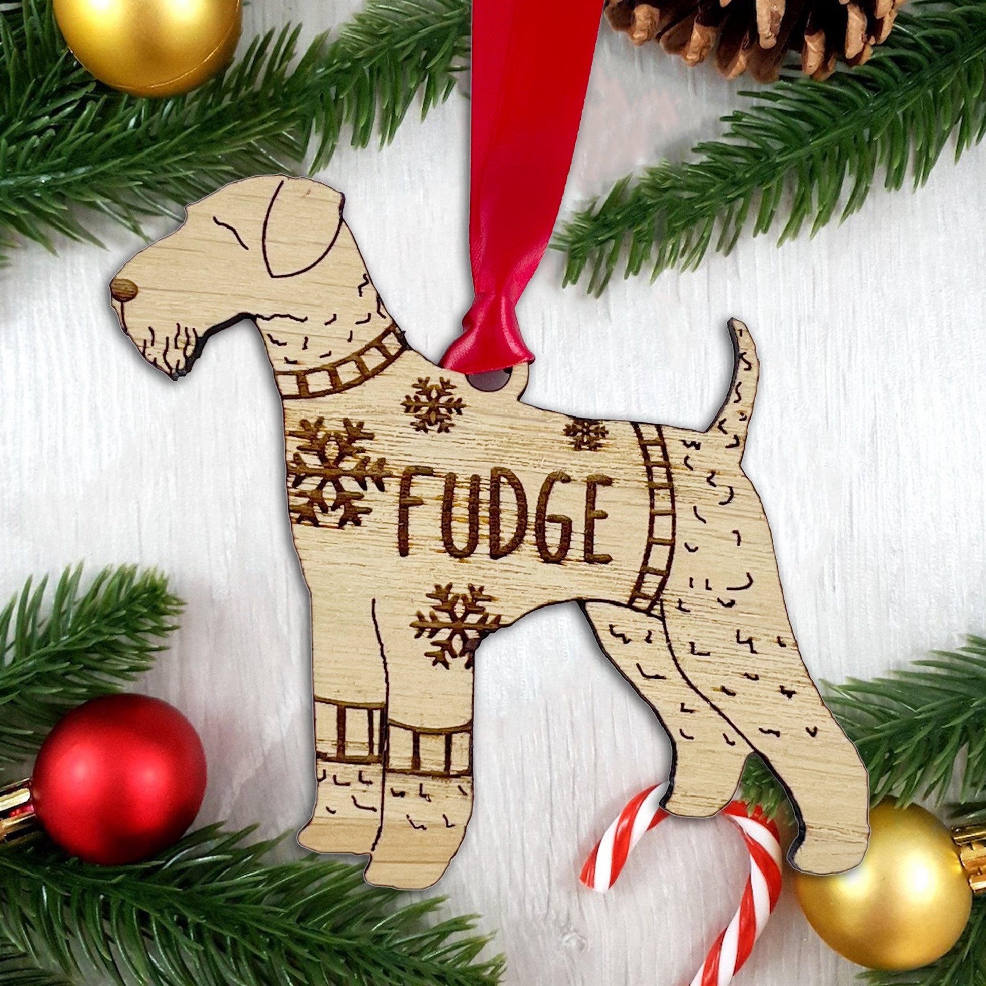 Personalised Airedale Terrier Bauble Jumper Dog Bauble - Oak Veneer Wood - Add any name
