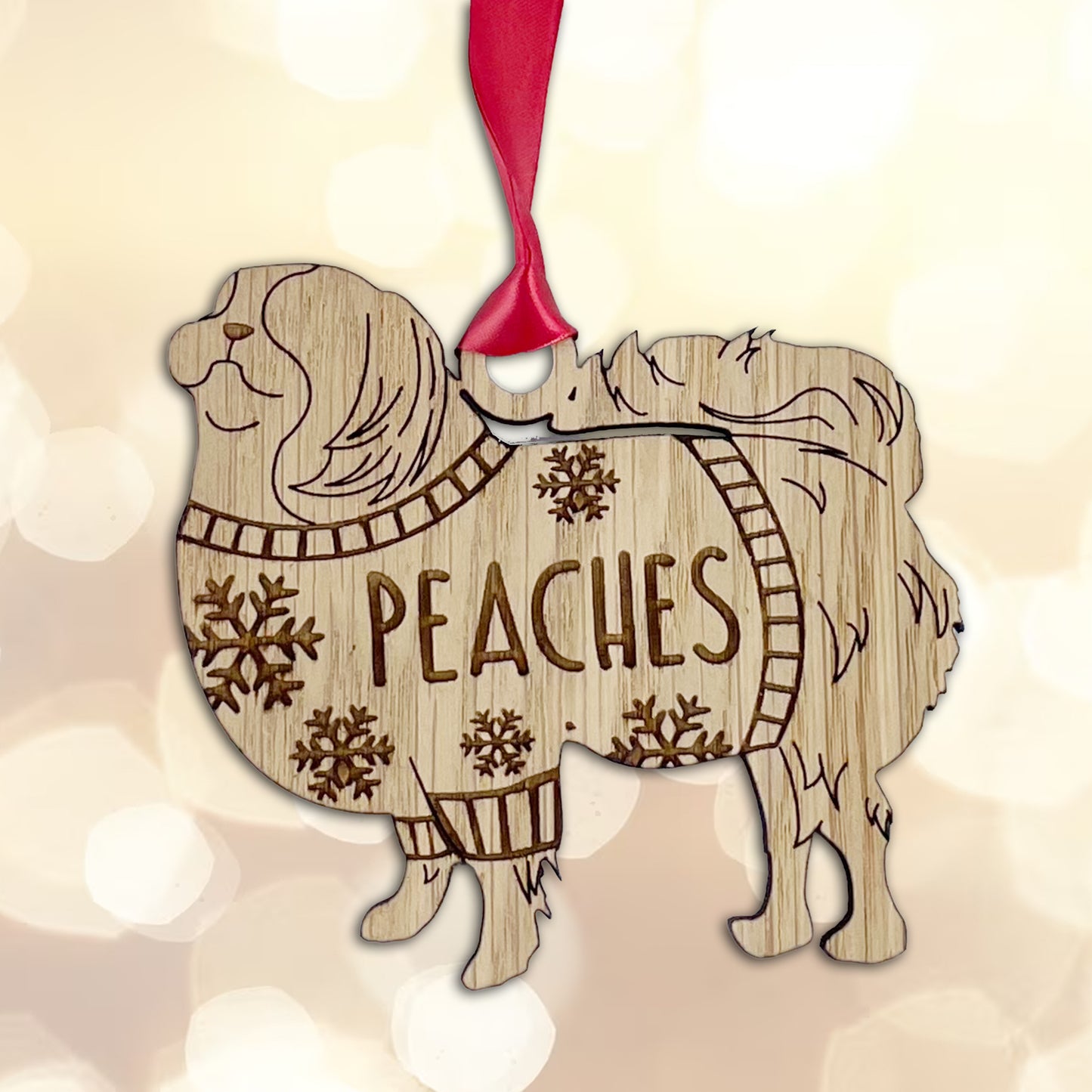Personalised Japanese Chin Bauble Jumper Dog Bauble - Oak Veneer Wood - Add any name