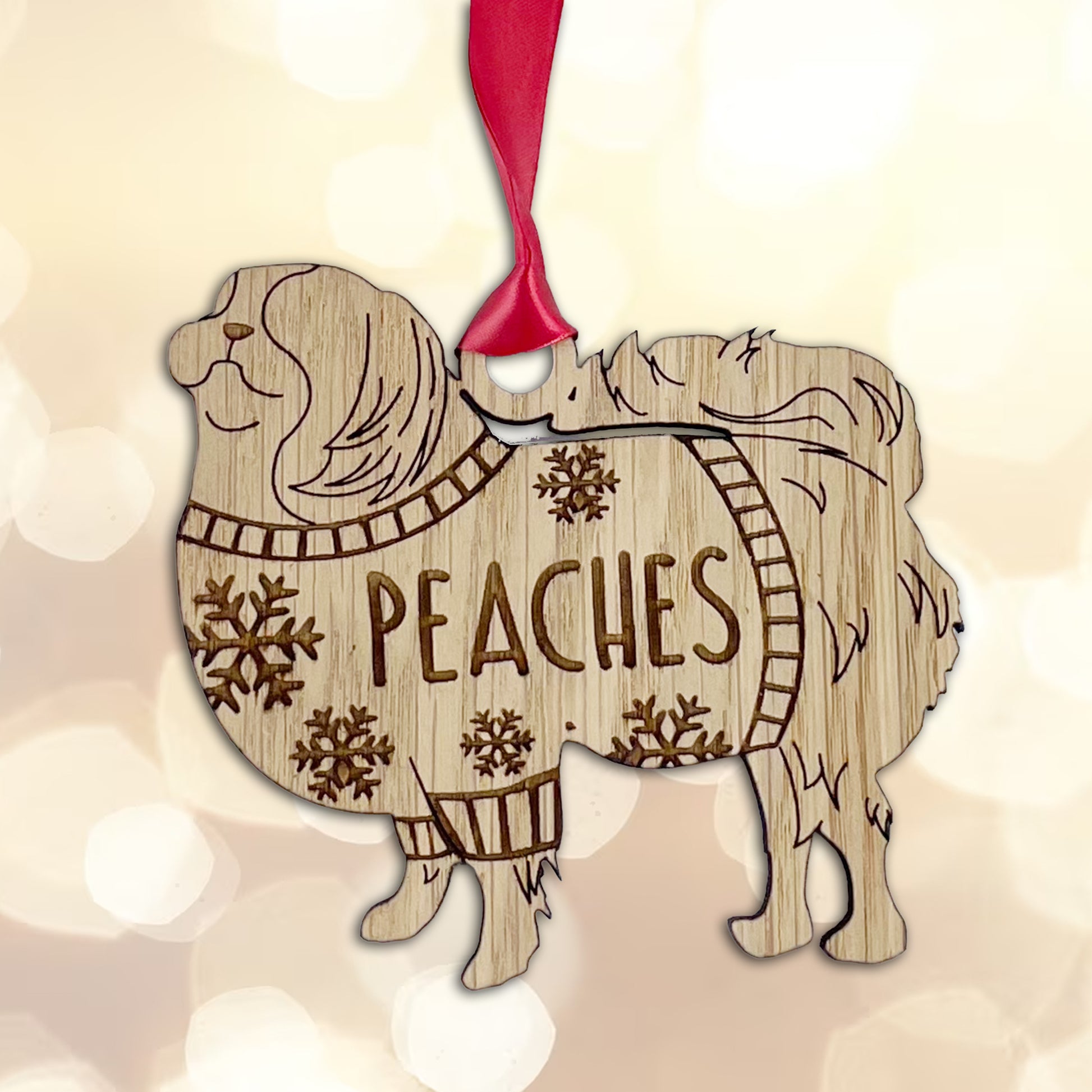 Personalised Japanese Chin Bauble Jumper Dog Bauble - Oak Veneer Wood - Add any name