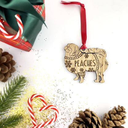 Personalised Japanese Chin Bauble Jumper Dog Bauble - Oak Veneer Wood - Add any name