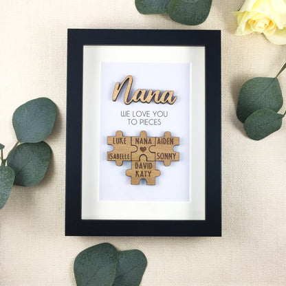 Personalised Grandma / Nana 'We Love You To Pieces' Wooden Mothers Day Christmas Birthday Puzzle Pieces Family Box Frame Add family names