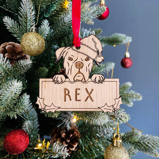 Personalised Boxer Dog Bauble - Peeking Dog - Oak Veneer Wood - Add your own name!