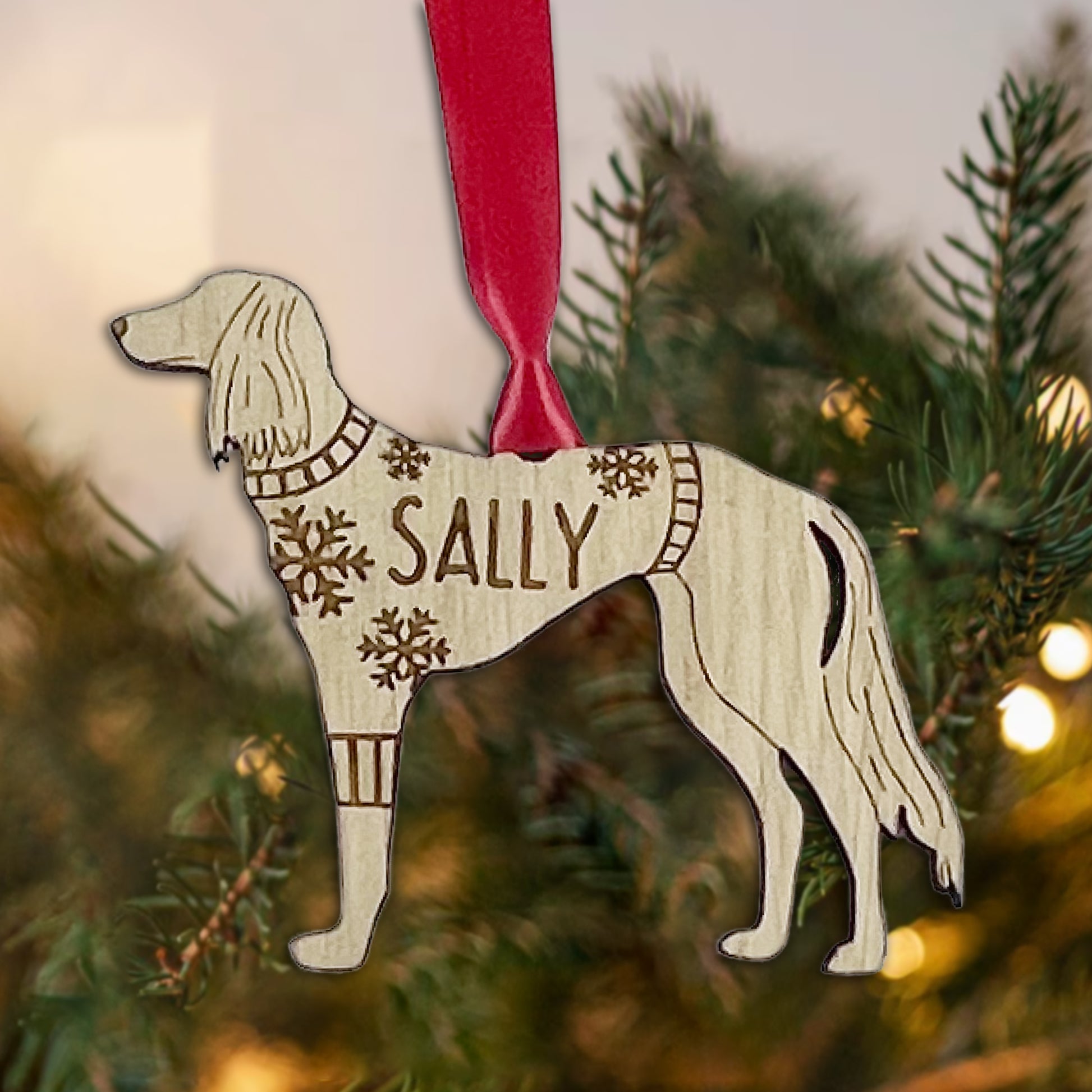 Personalised Saluki Bauble Jumper Dog Bauble - Oak Veneer Wood - Add any name