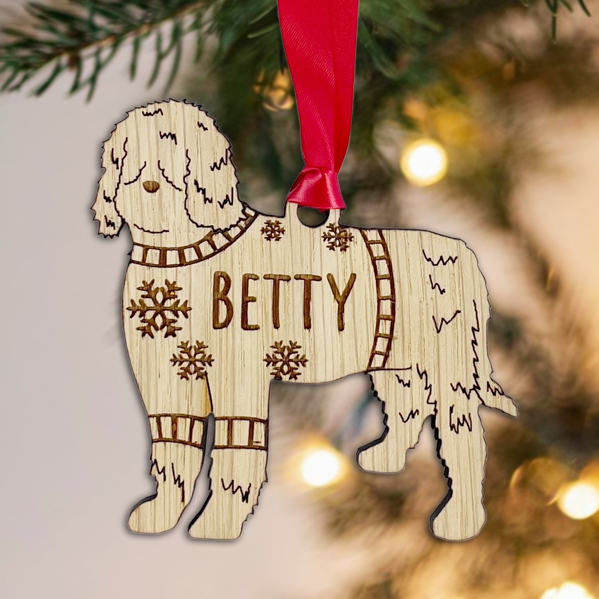 Personalised Berbet Bauble Jumper Dog Bauble - Oak Veneer Wood - Add any name