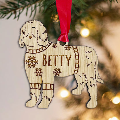 Personalised Berbet Bauble Jumper Dog Bauble - Oak Veneer Wood - Add any name