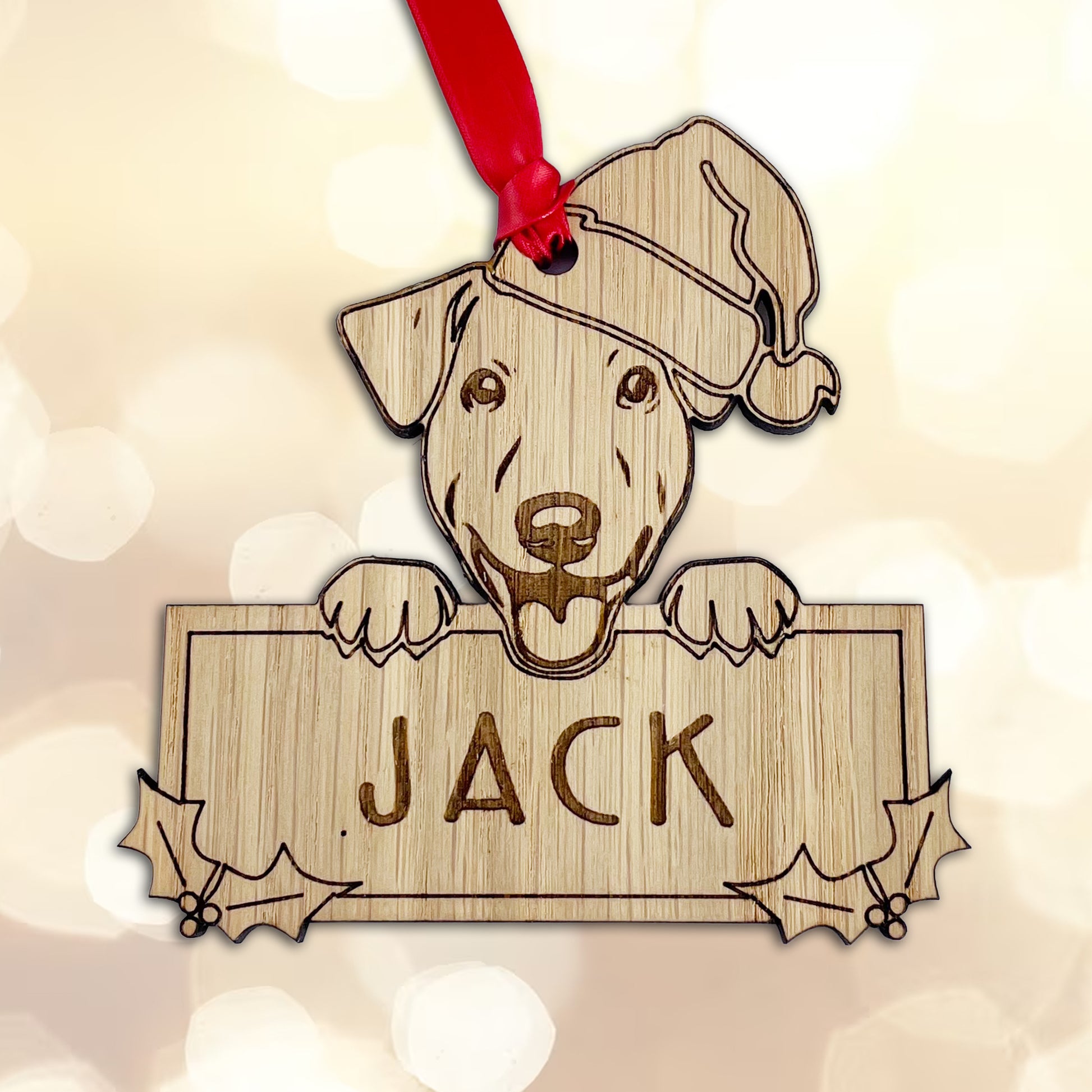 Personalised Jack Russell Dog Bauble - Peeking Dog - Oak Veneer Wood - Add your own name!