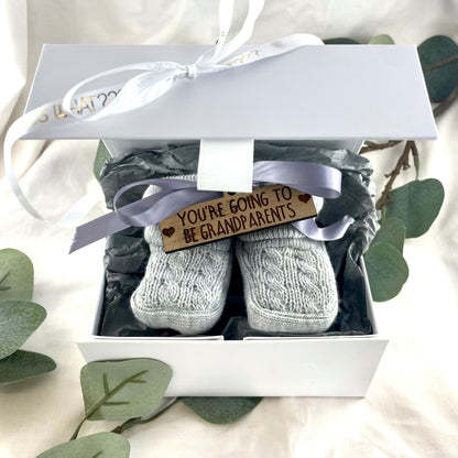 Guess What' Booties - Grey & Gift Boxed - "You're Going to Be..." - Grandparents