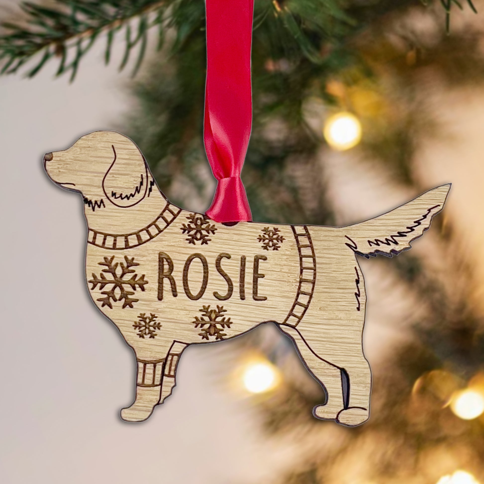 Personalised Golden Retriever Bauble Jumper Dog Bauble - Oak Veneer Wood - Add any name