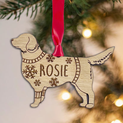 Personalised Golden Retriever Bauble Jumper Dog Bauble - Oak Veneer Wood - Add any name