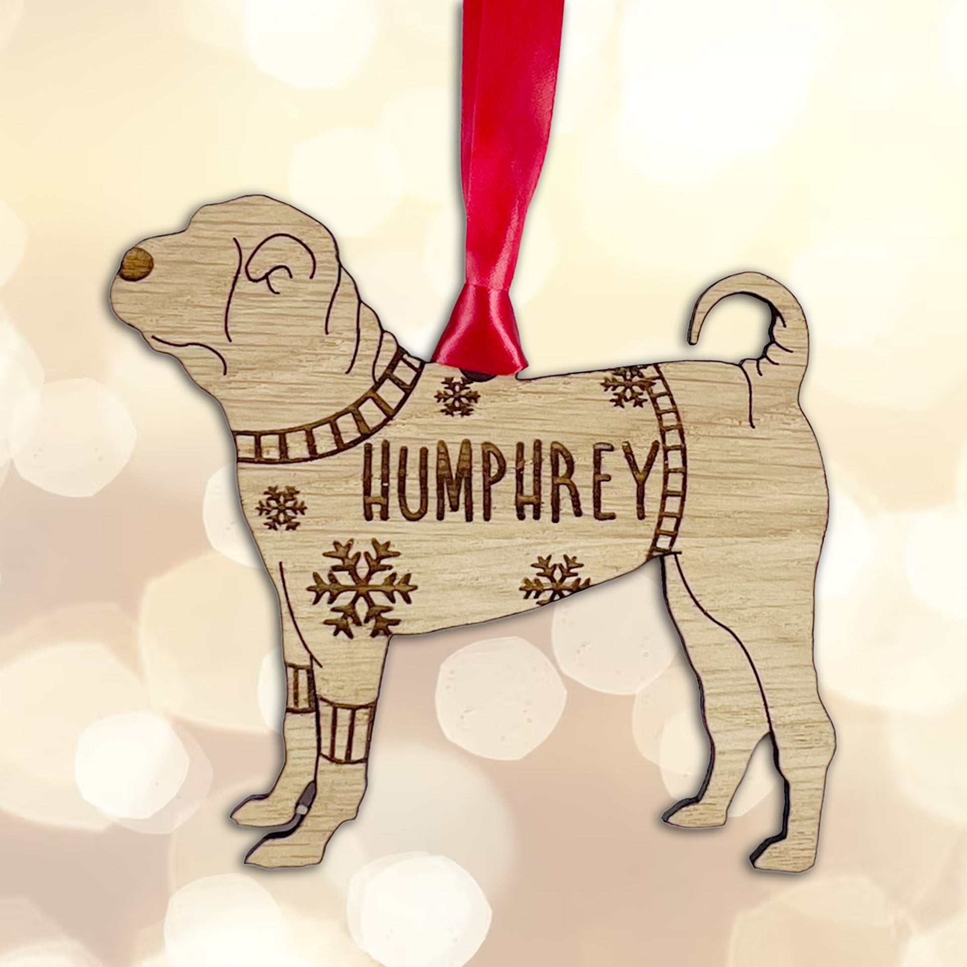Personalised Chinese Shar-Pei Bauble Jumper Dog Bauble - Oak Veneer Wood - Add any name