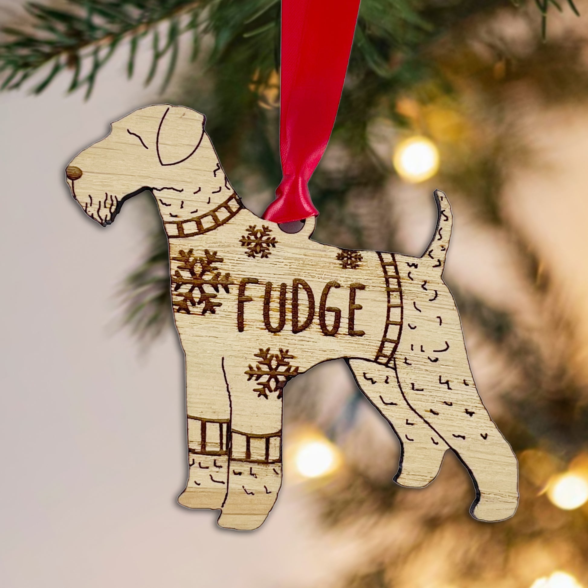 Personalised Airedale Terrier Bauble Jumper Dog Bauble - Oak Veneer Wood - Add any name