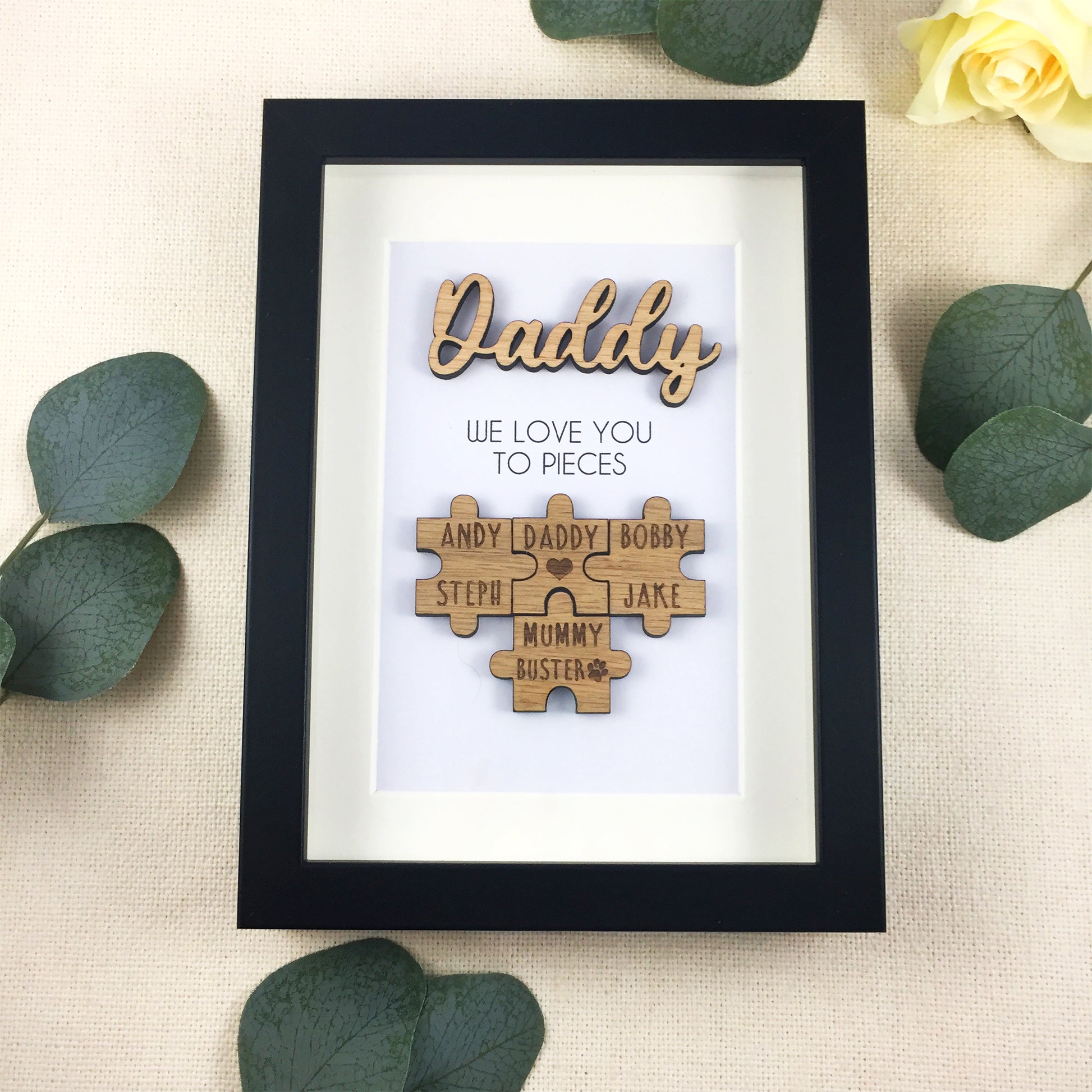 Personalised Dad / Daddy 'We Love You To Pieces' Wooden Fathers Day Christmas Birthday Puzzle Pieces Family Box Frame Add your family names