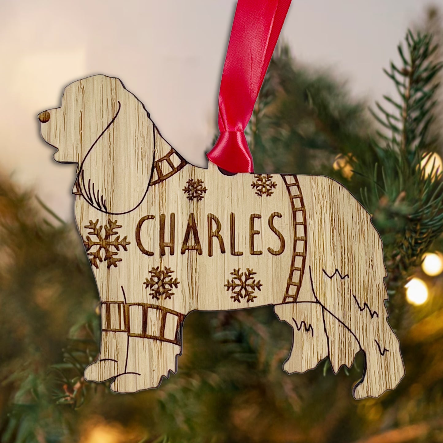Personalised Cavalier Bauble Jumper Dog Bauble - Oak Veneer Wood - Add any name