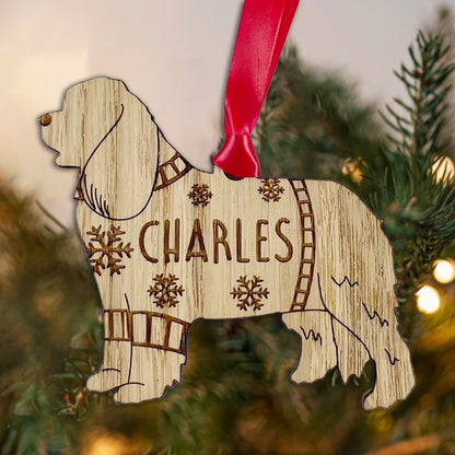 Personalised Cavalier Bauble Jumper Dog Bauble - Oak Veneer Wood - Add any name