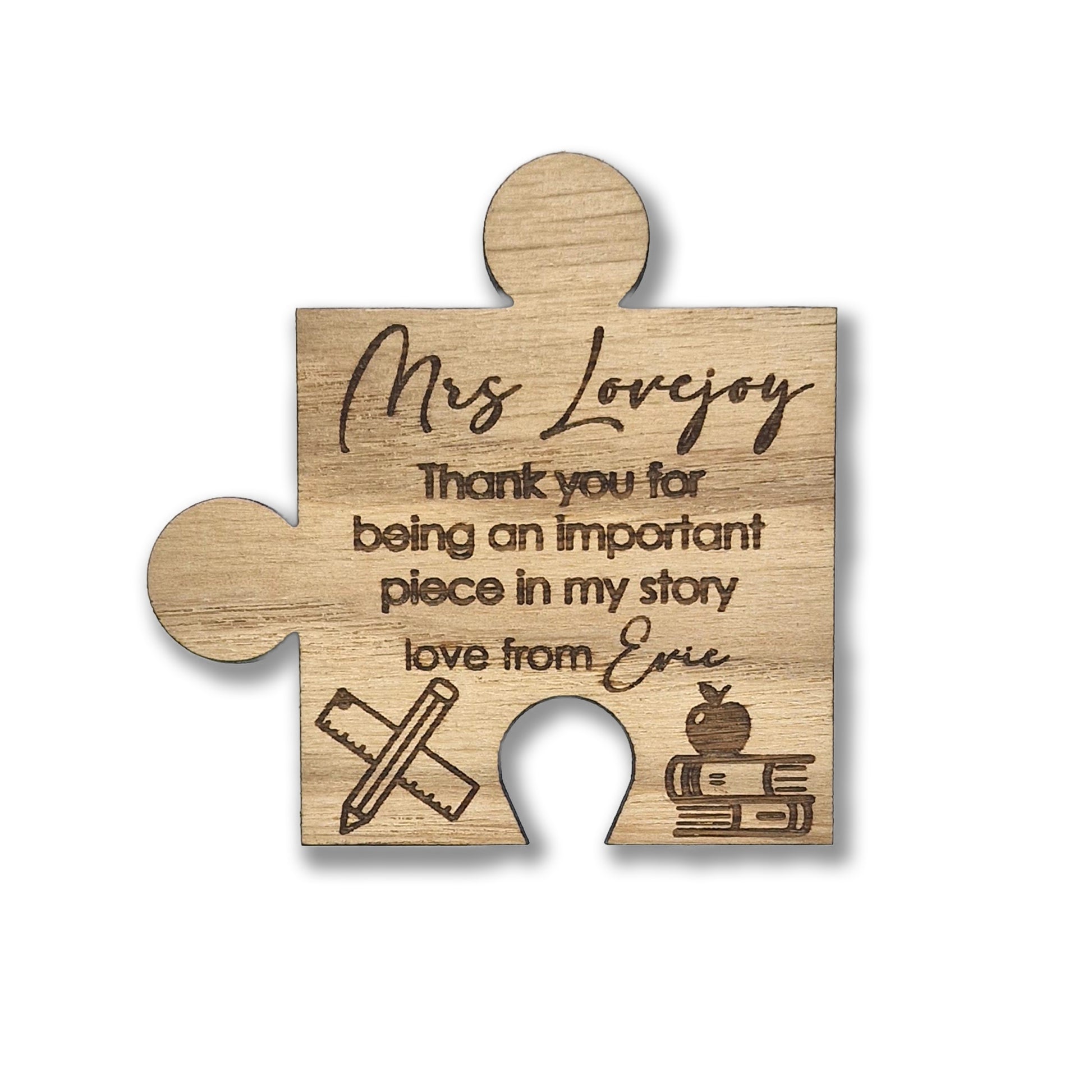 Personalised Thank you Teacher Magnet – Jigsaw Piece Teacher Gift with Apple, Books & Pencil Motif – Custom Name Fridge Magnet Keepsake