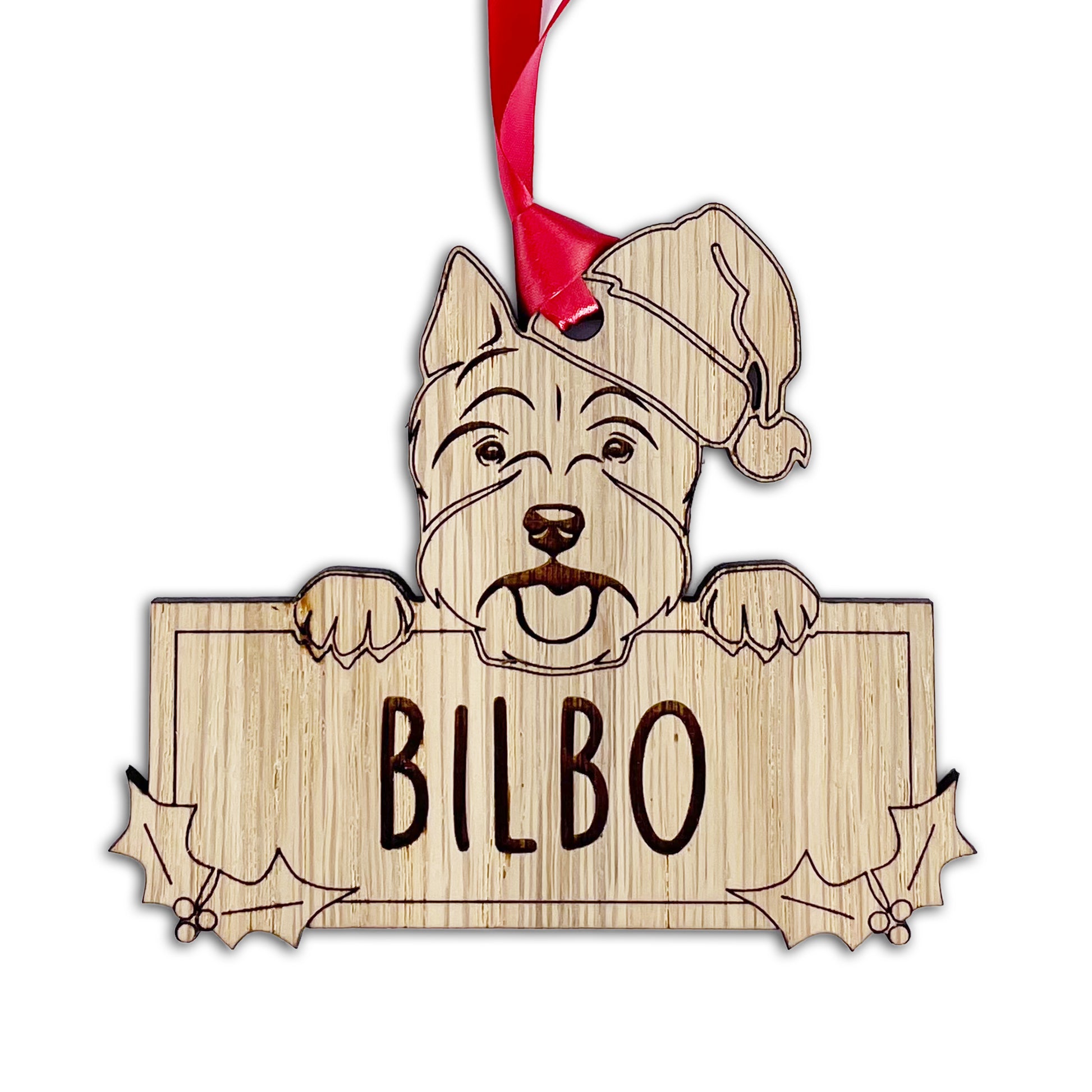Personalised Westie Dog Bauble - Peeking Dog - Oak Veneer Wood - Add your own name!