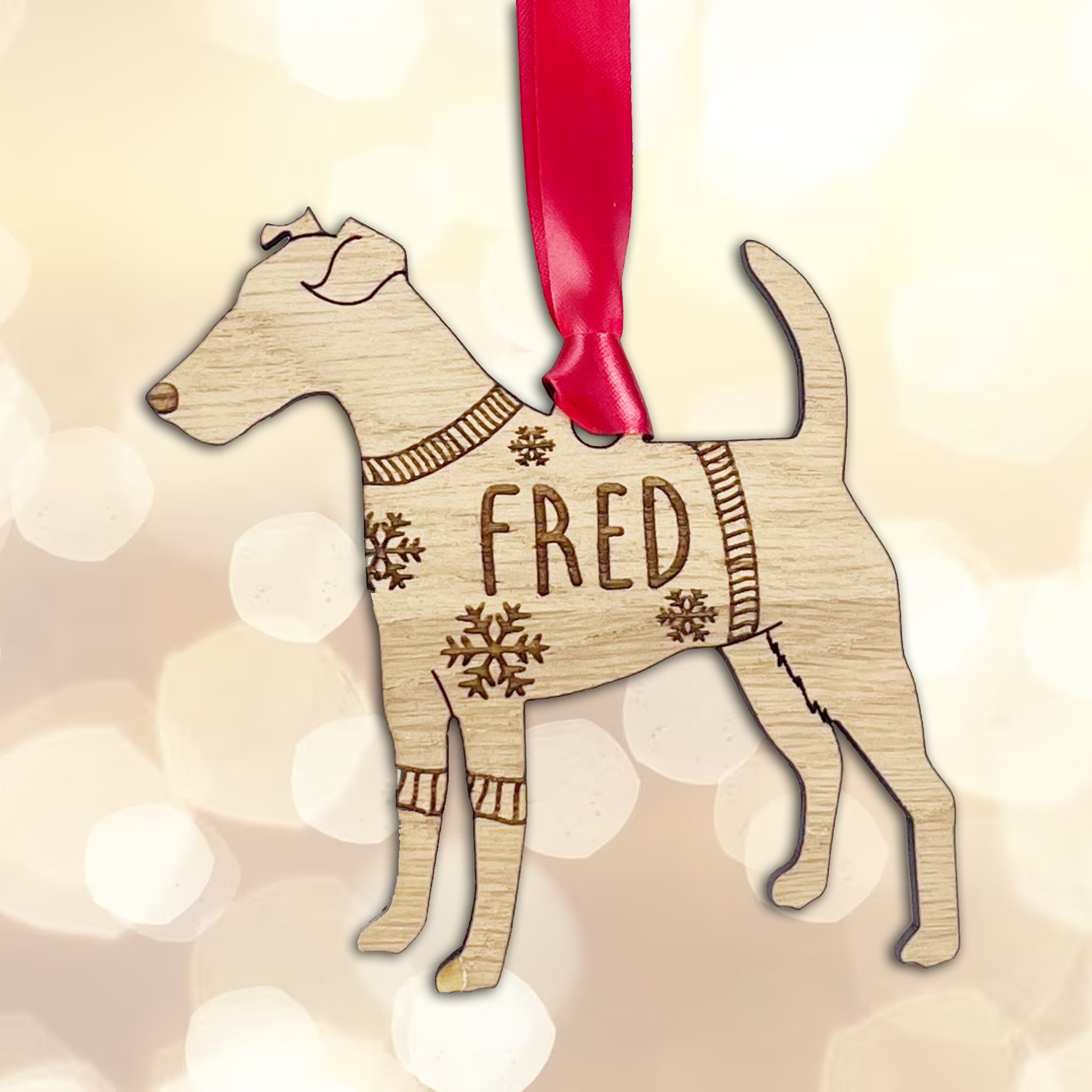 Personalised Fox Terrier Bauble Jumper Dog Bauble - Oak Veneer Wood - Add any name