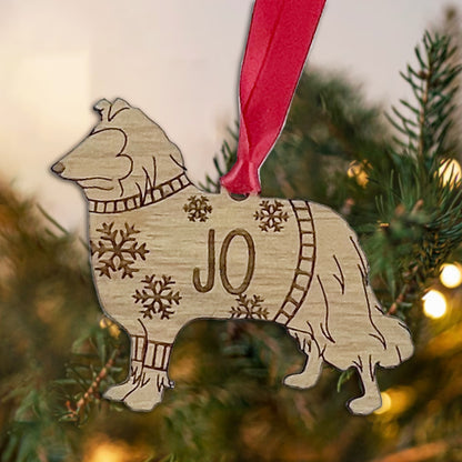 Personalised Rough Collie Bauble Jumper Dog Bauble - Oak Veneer Wood - Add any name
