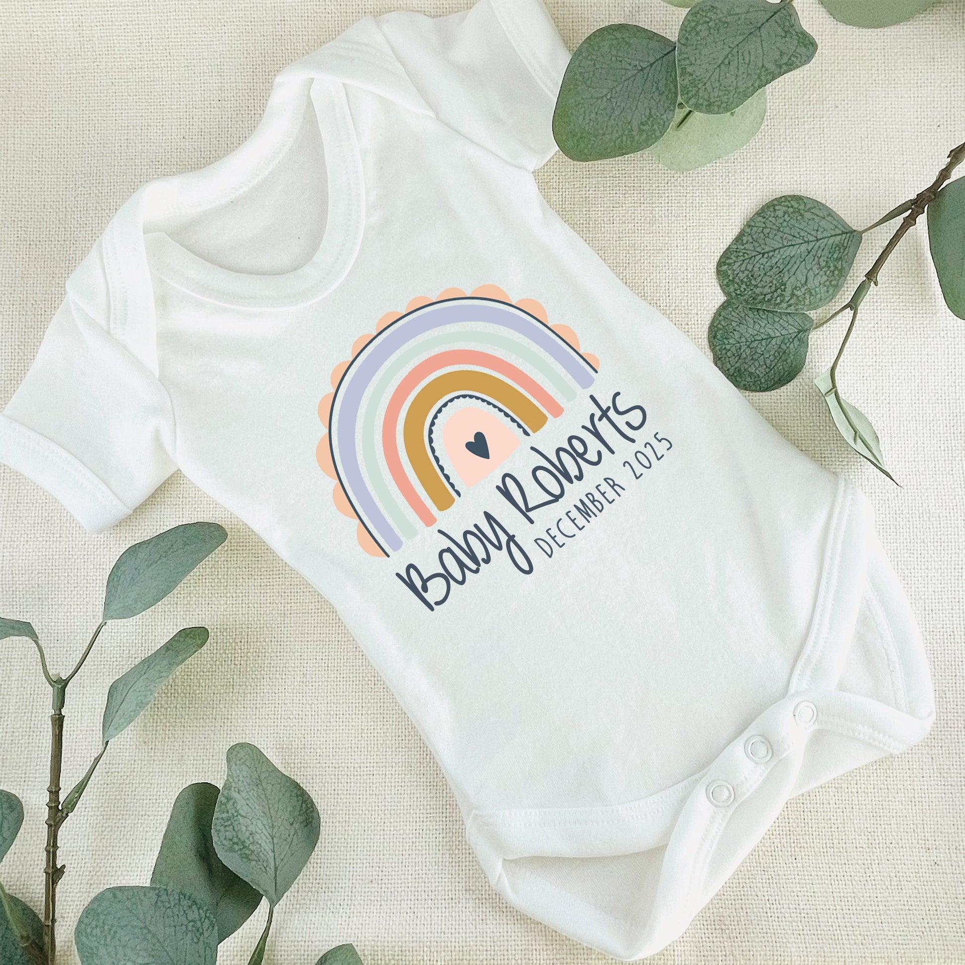 Personalised Surname Baby Grow Vest Pastel Rainbow Baby Name