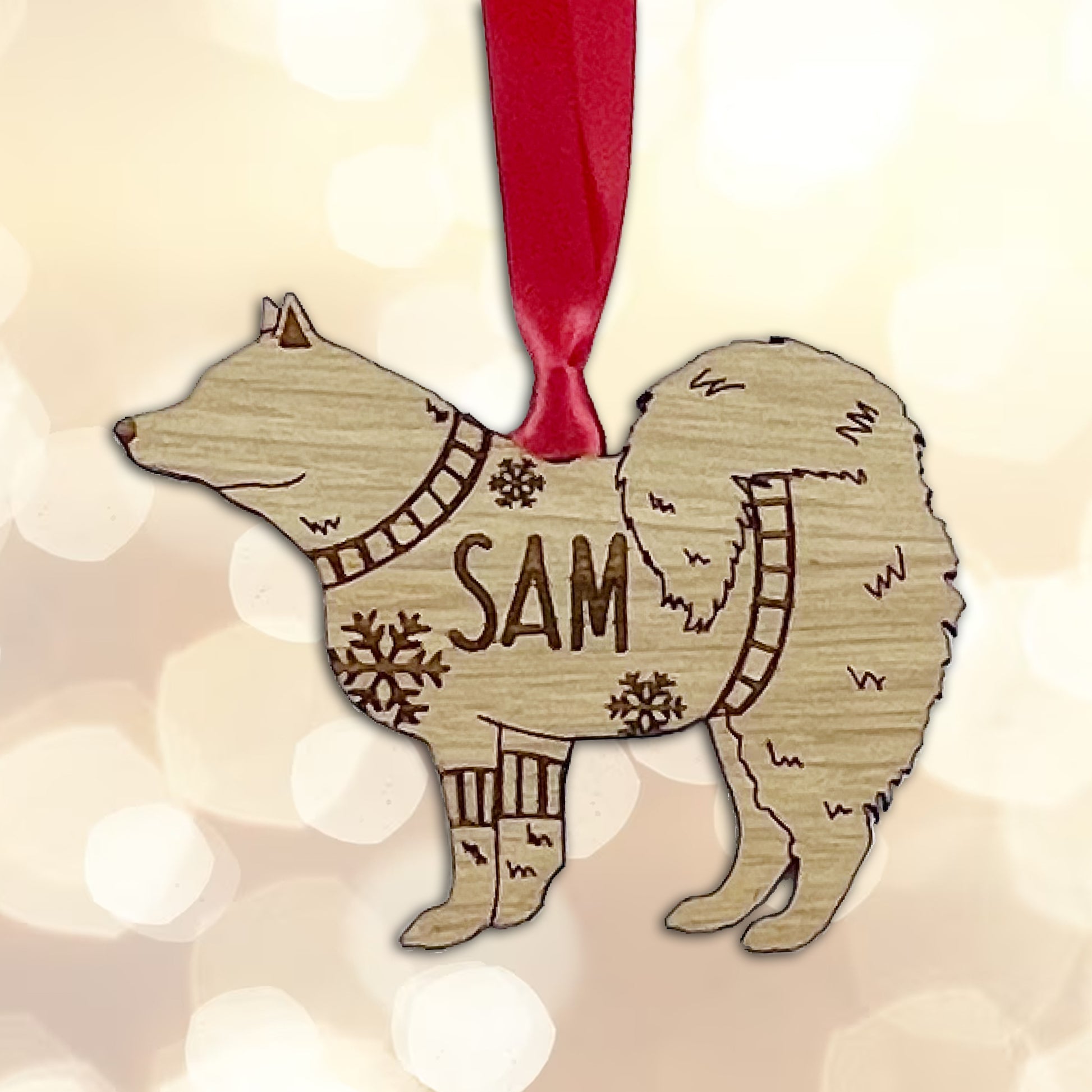 Personalised Samoyed  Bauble Jumper Dog Bauble - Oak Veneer Wood - Add any name