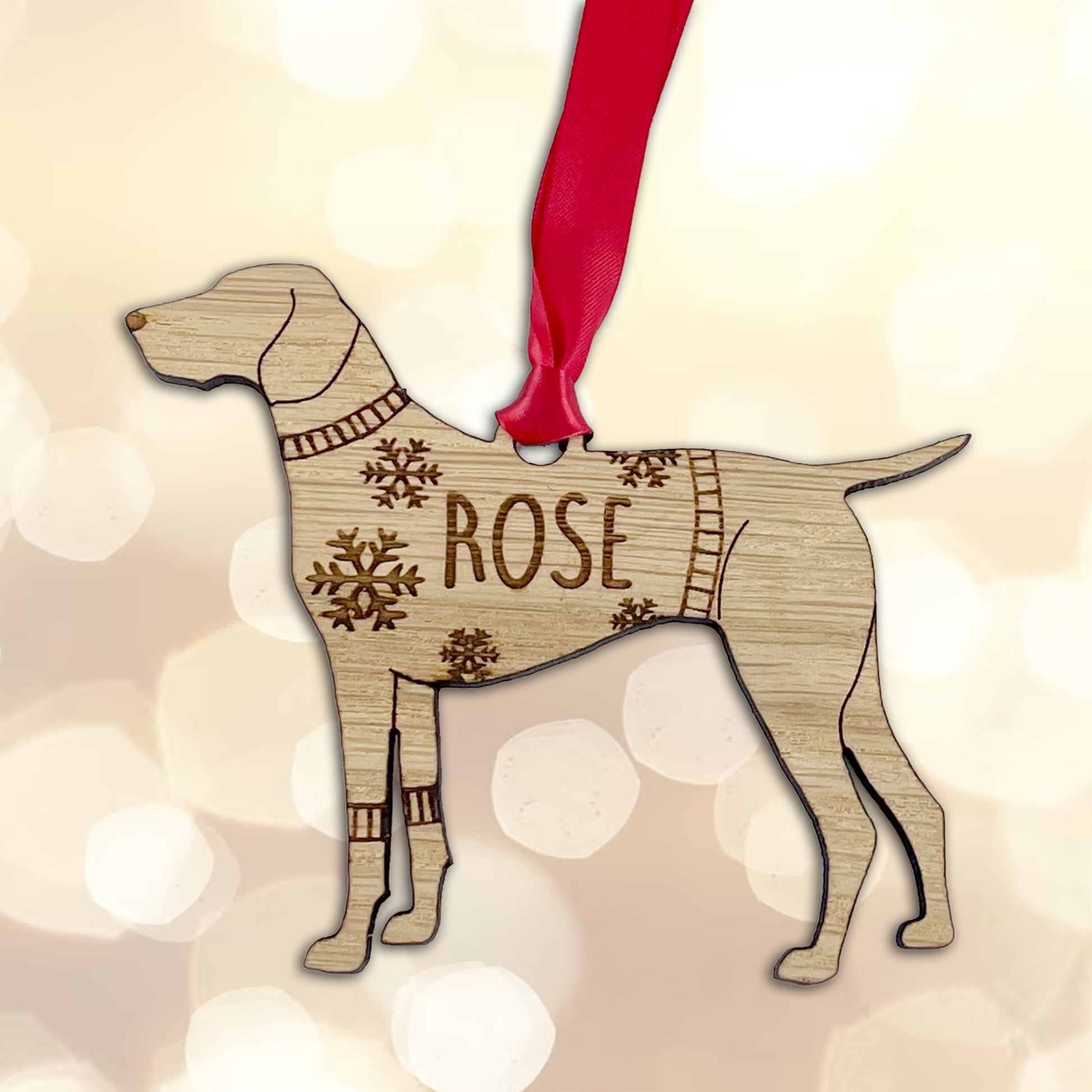 Personalised Pointer Bauble Jumper Dog Bauble - Oak Veneer Wood - Add any name