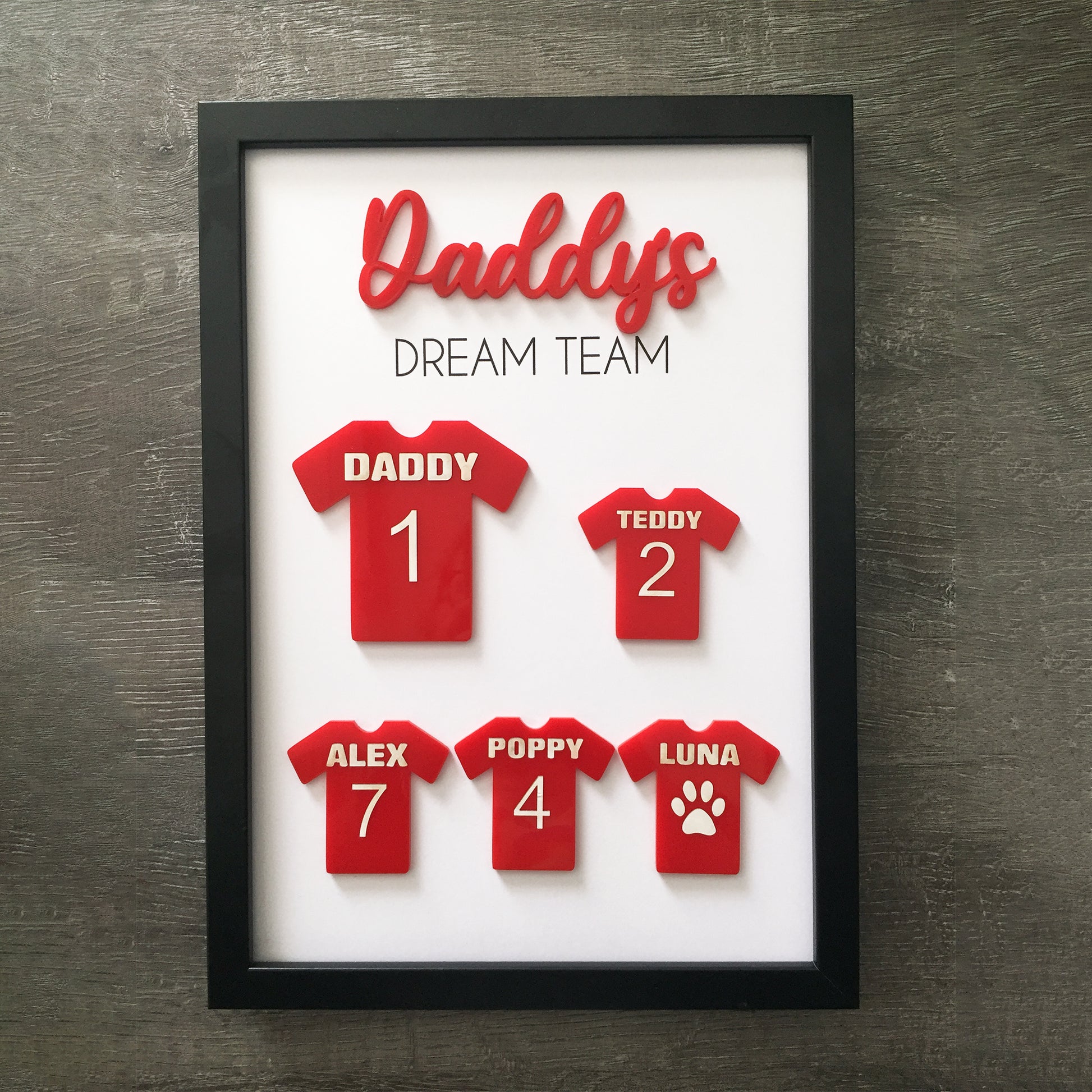 Personalised Dad's Dream Team Football Red Team Family Box Frame Fathers Day Birthday Daddy  - Add your family names