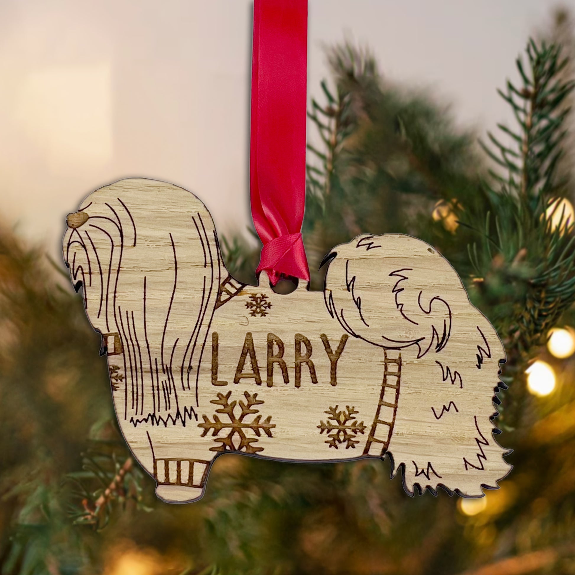 Personalised Lhasa Apso Bauble Jumper Dog Bauble - Oak Veneer Wood - Add any name
