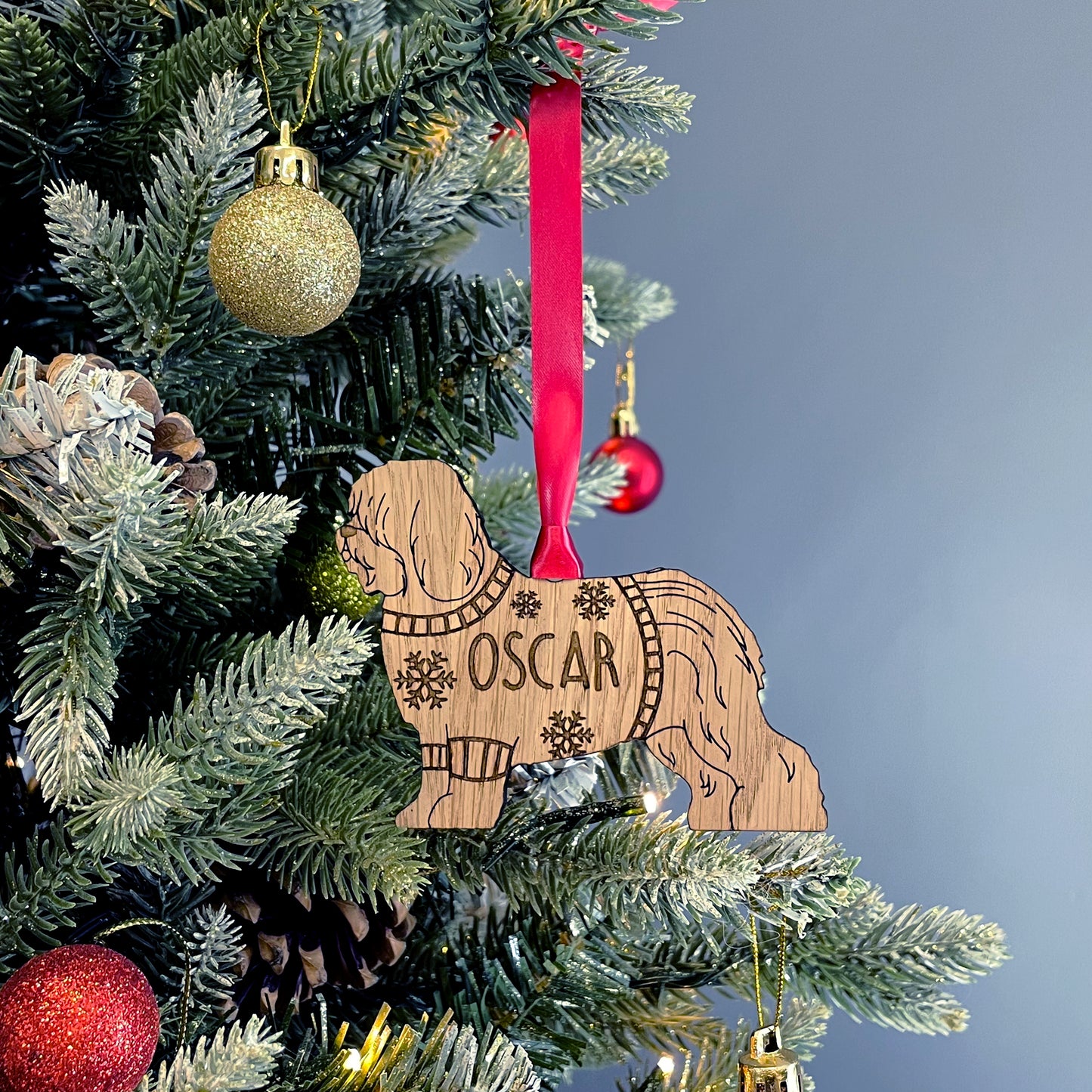 Personalised English Sheepdog Bauble Jumper Dog Bauble - Oak Veneer Wood - Add any name