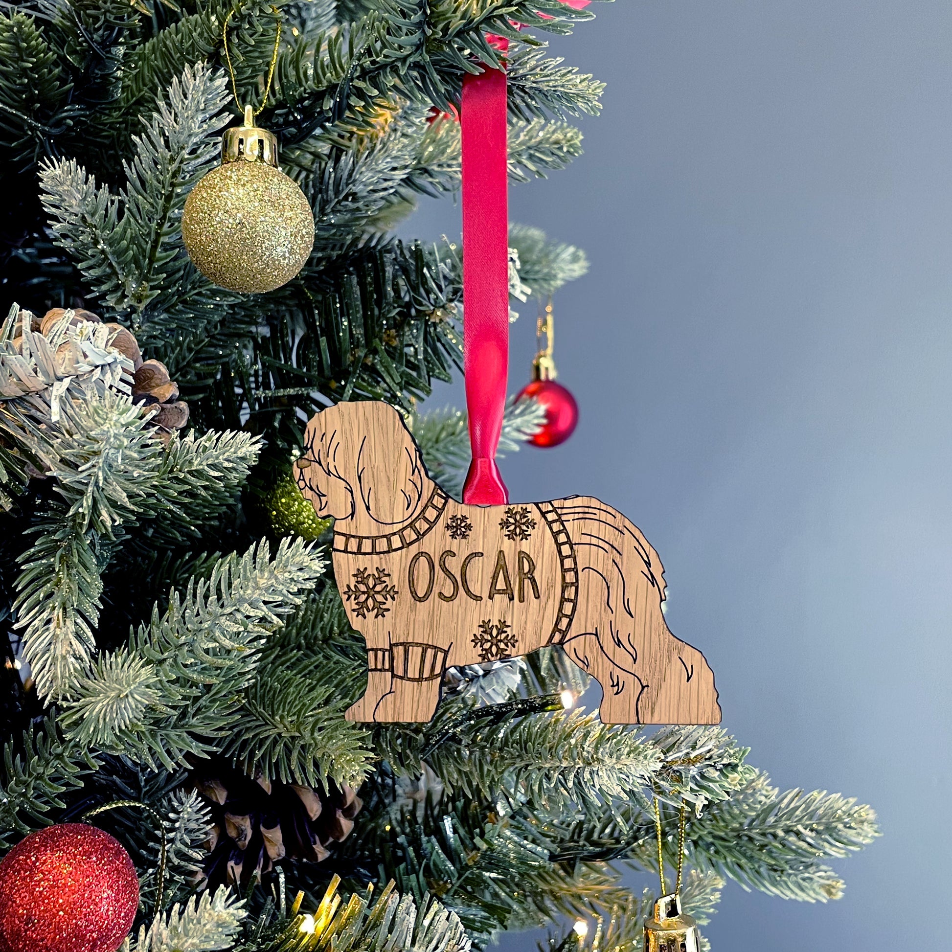 Personalised English Sheepdog Bauble Jumper Dog Bauble - Oak Veneer Wood - Add any name