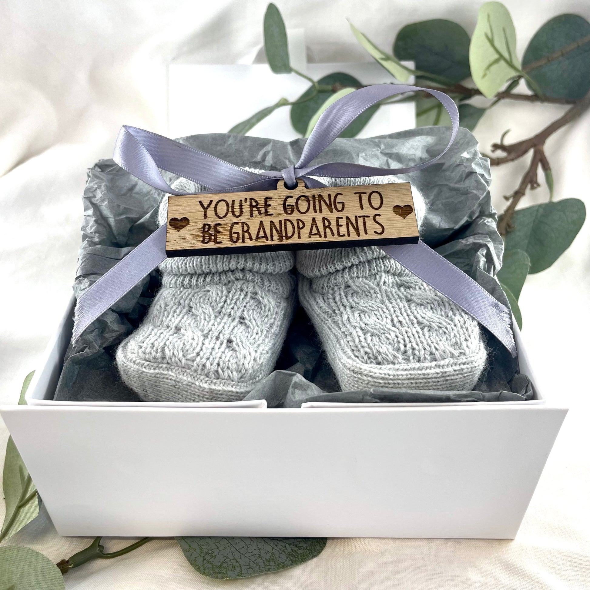 Guess What' Booties - Grey & Gift Boxed - "You're Going to Be..." - Grandparents
