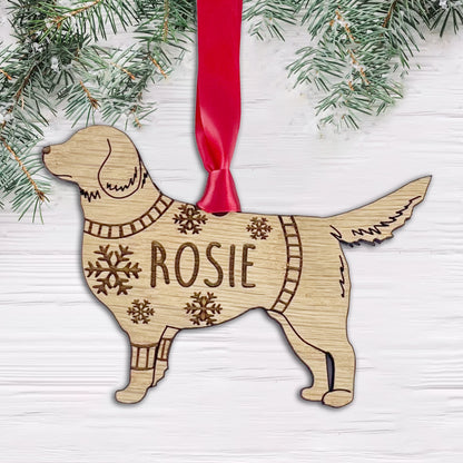 Personalised Golden Retriever Bauble Jumper Dog Bauble - Oak Veneer Wood - Add any name