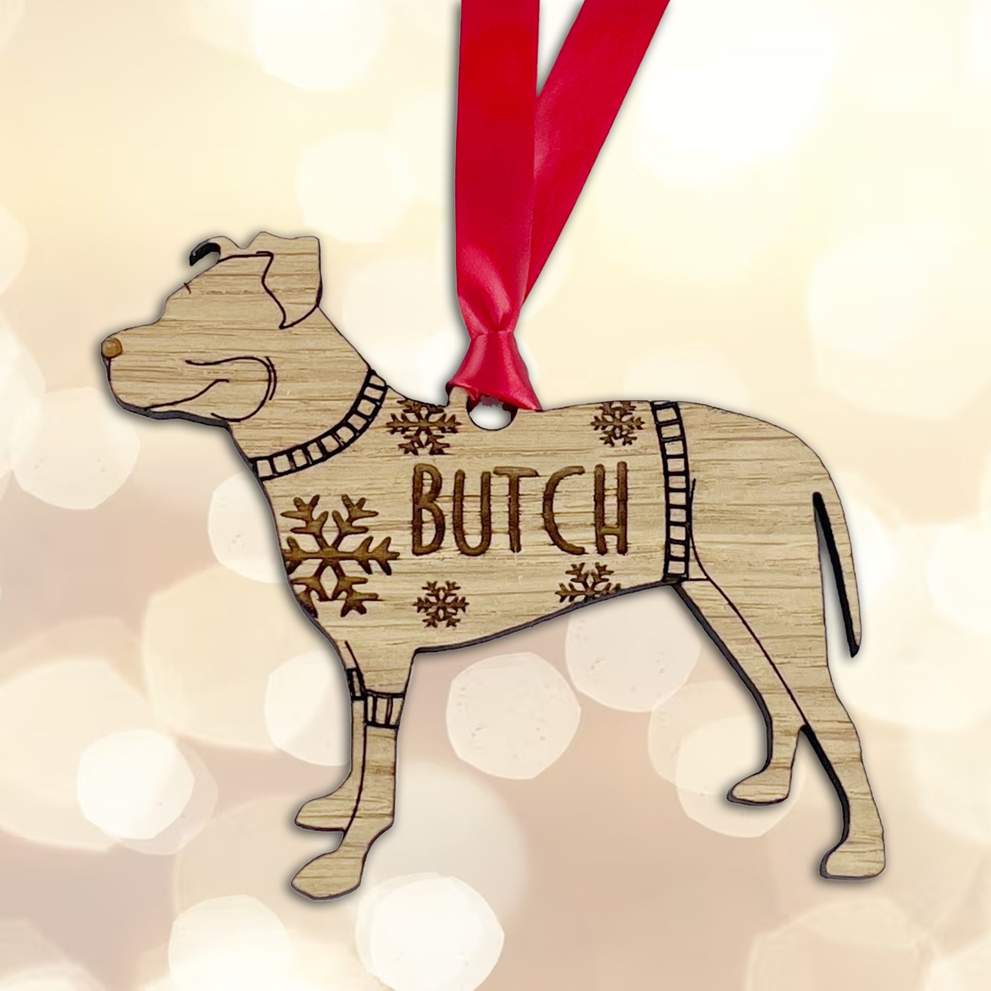 Personalised Pitbull Bauble Jumper Dog Bauble - Oak Veneer Wood - Add any name