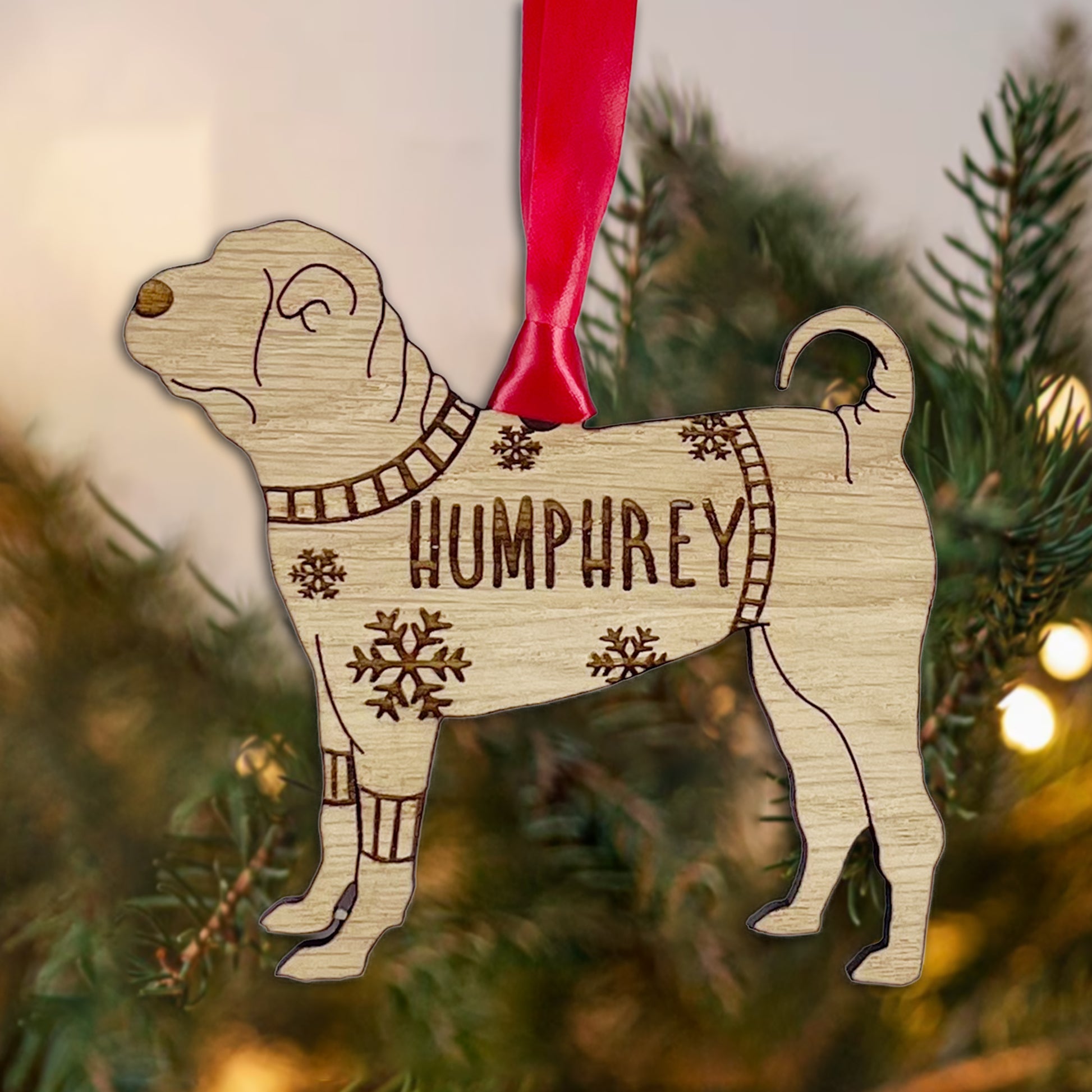 Personalised Chinese Shar-Pei Bauble Jumper Dog Bauble - Oak Veneer Wood - Add any name