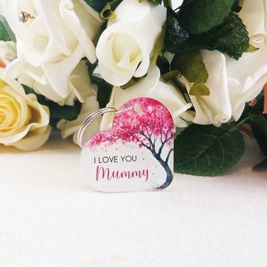 I Love You Mummy Keyring, Cherry Blossom Mum Gift, Mother’s Day Keychain, Pink Floral Acrylic Keepsake, Birthday Present for Mum