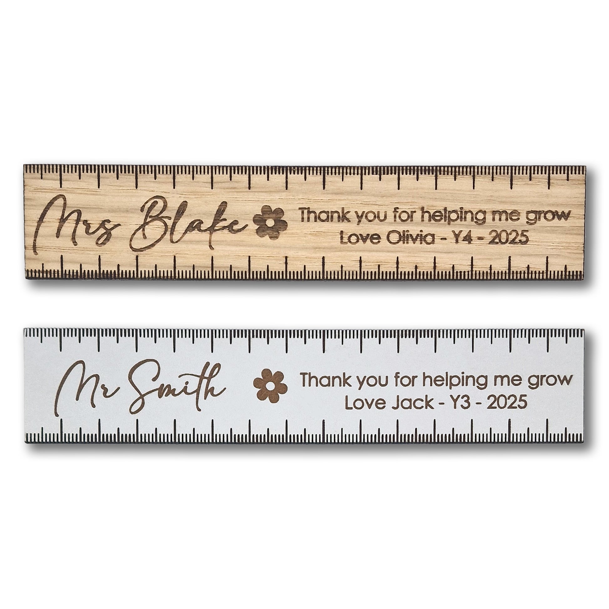 Personalised Wooden Teacher 15cm Ruler – Thank You for Helping Me Grow Gift – Engraved Name, Class & Year – Sustainable Oak or White Wood