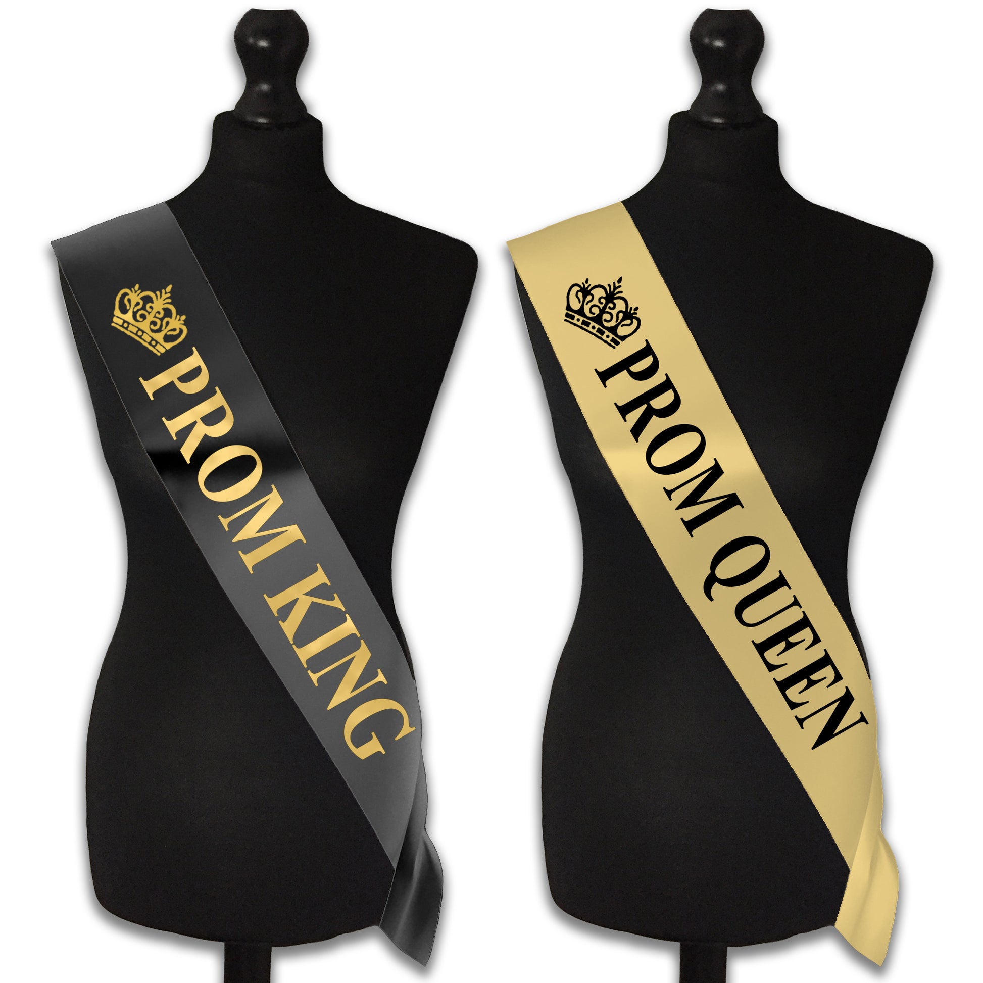 Prom King Black with Gold Text & Prom Queen Gold with Black Text Sashes 