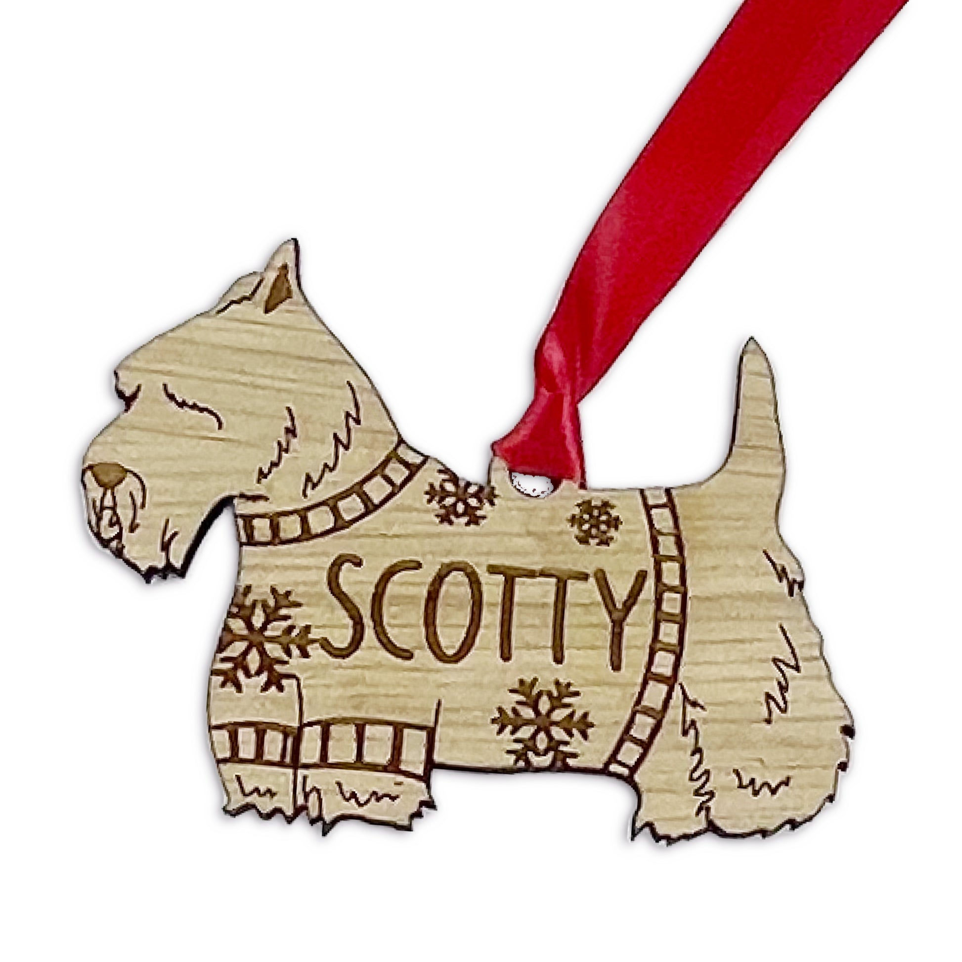 Personalised Scottie Bauble Jumper Dog Bauble - Oak Veneer Wood - Add any name