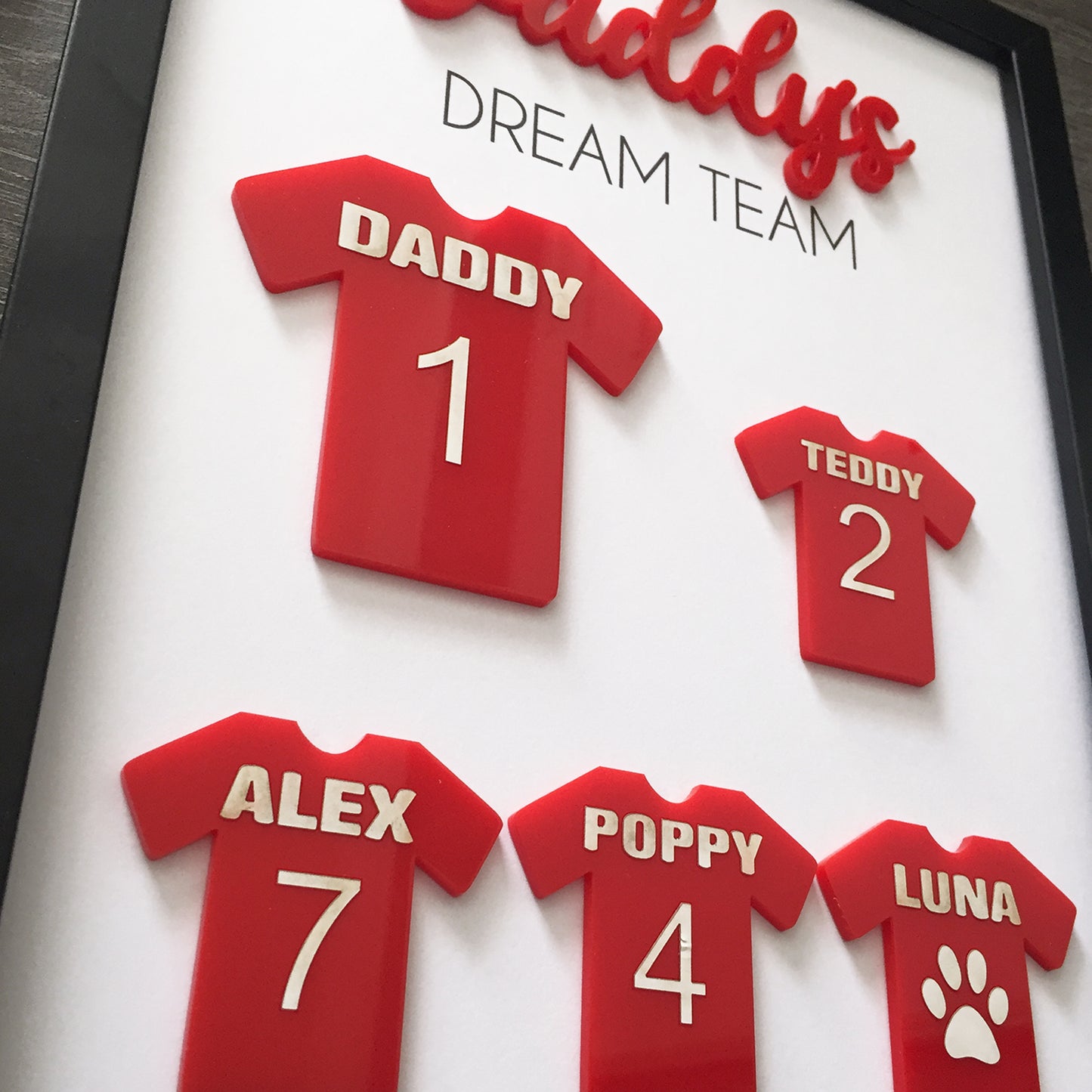 Personalised Dad's Dream Team Football Red Team Family Box Frame Fathers Day Birthday Daddy  - Add your family names