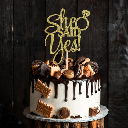 She Said Yes Cake Topper Glitter Card Bride Wedding Engagement Party Cake Decorations | Rose Gold Pink Red Blue Black Silver & More