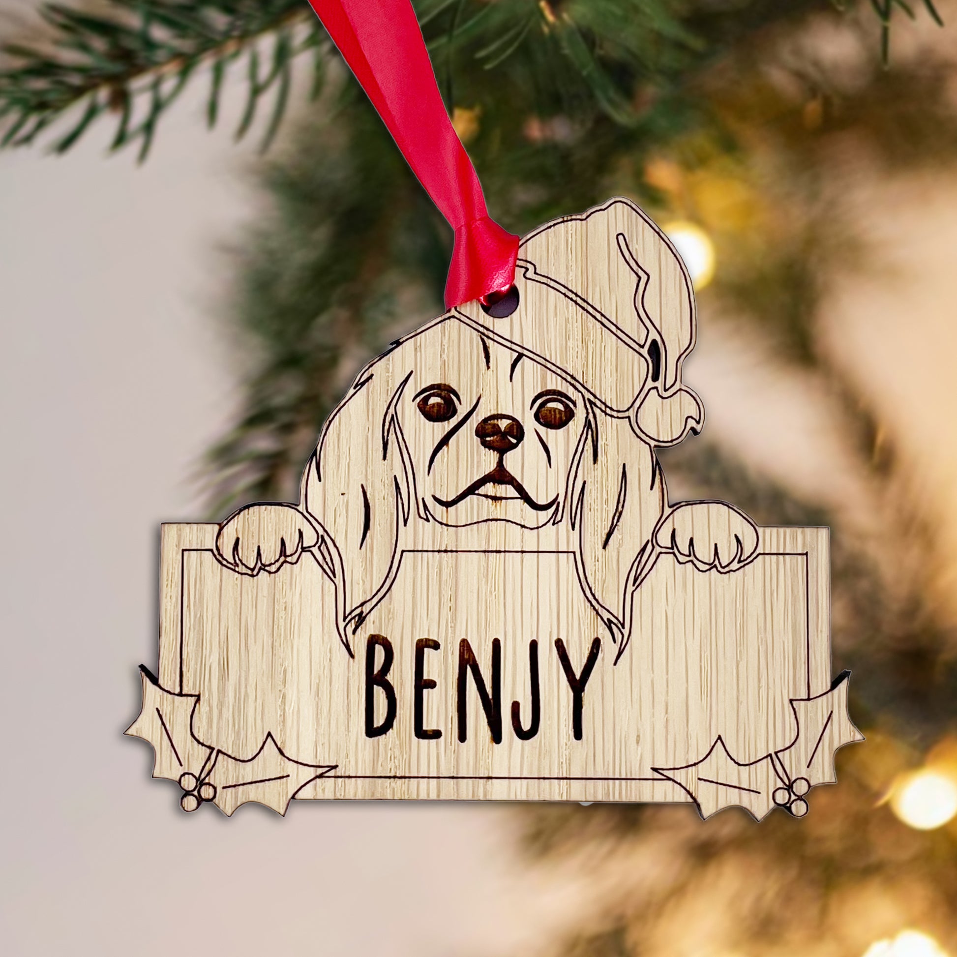 Personalised Cavalier King Charles Spaniel Dog Bauble - Peeking Dog - Oak Veneer Wood - Add your own name!