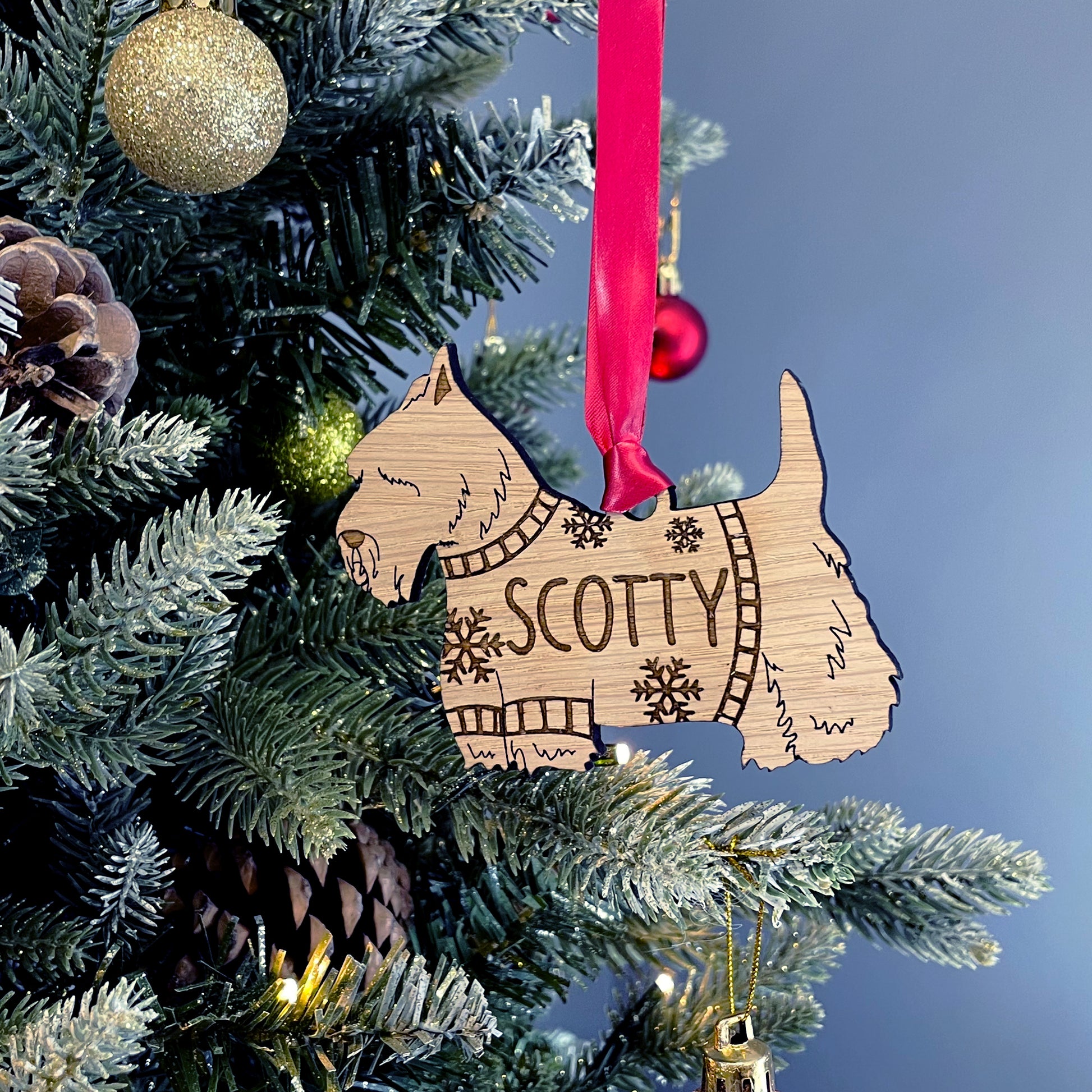 Personalised Scottie Bauble Jumper Dog Bauble - Oak Veneer Wood - Add any name