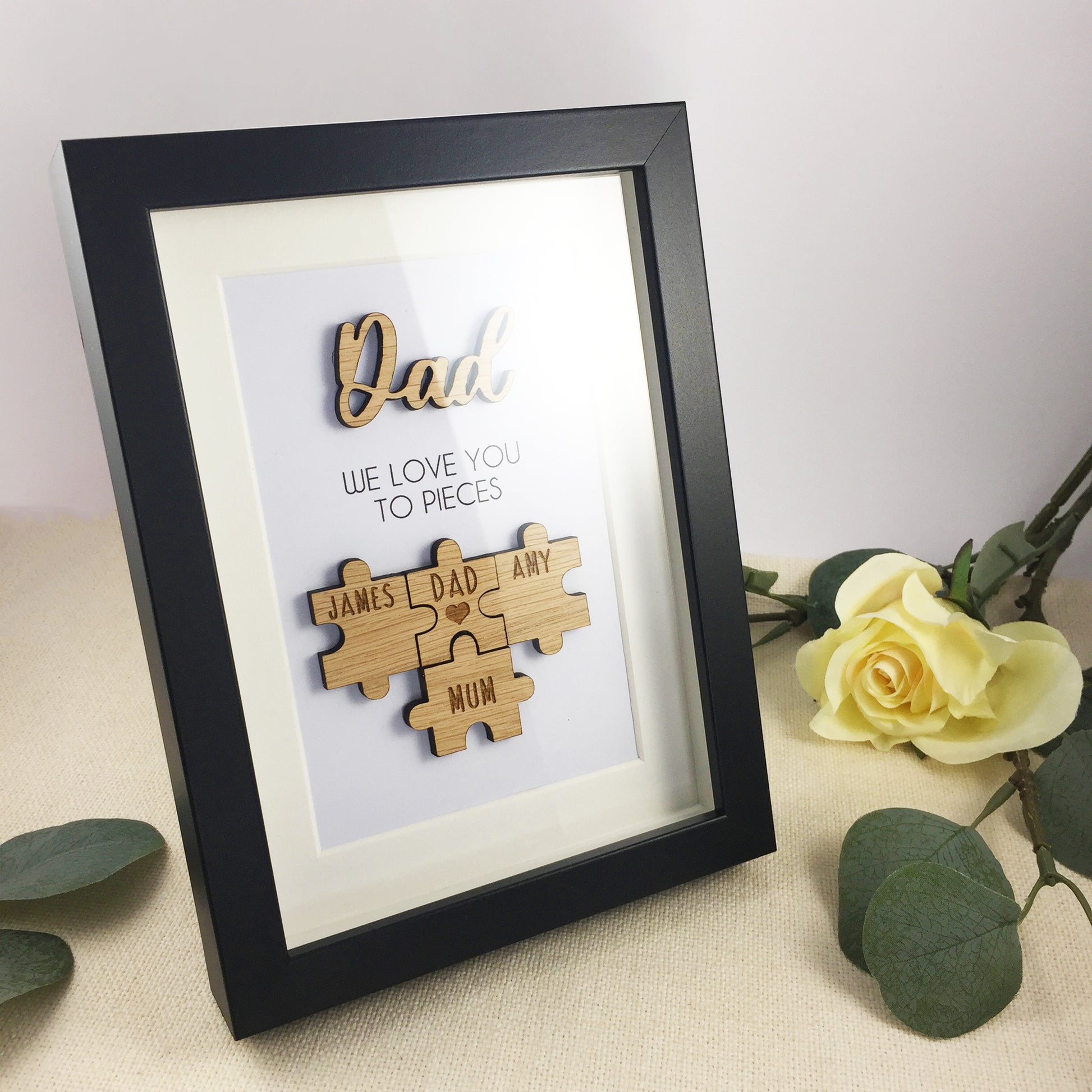 Personalised Dad / Daddy 'We Love You To Pieces' Wooden Fathers Day Christmas Birthday Puzzle Pieces Family Box Frame Add your family names