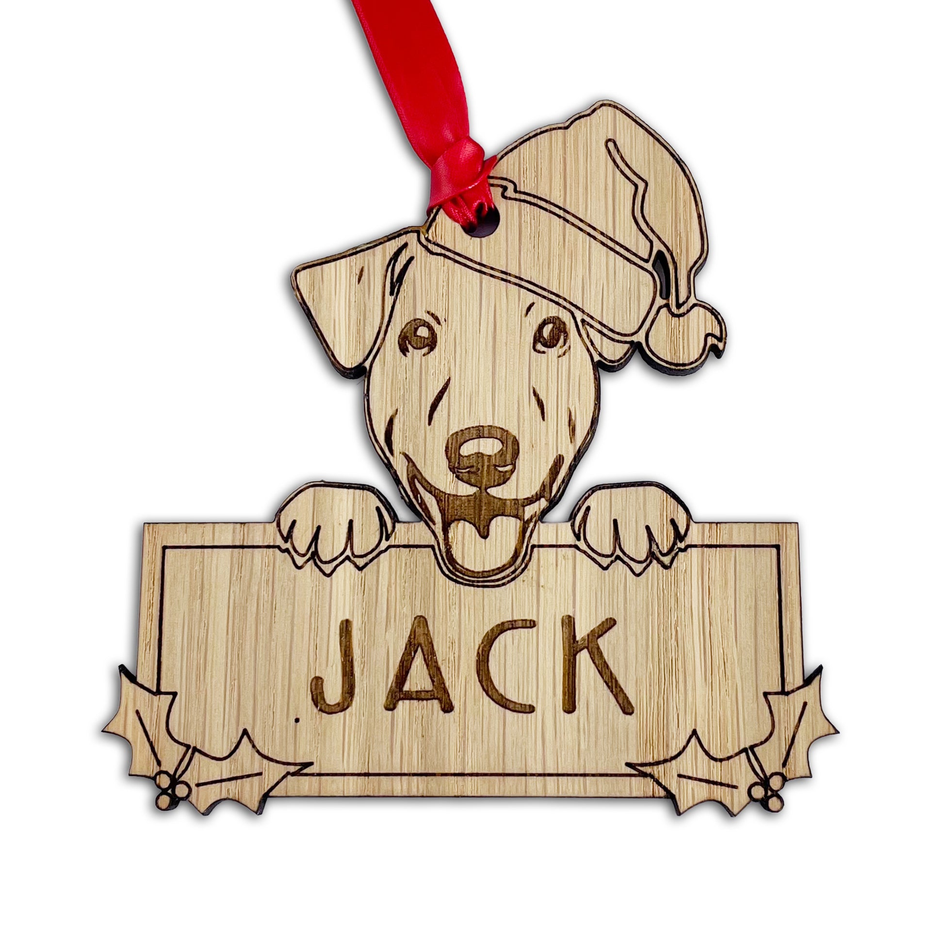 Personalised Jack Russell Dog Bauble - Peeking Dog - Oak Veneer Wood - Add your own name!