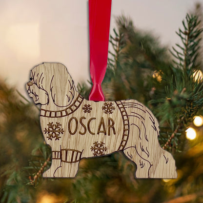 Personalised English Sheepdog Bauble Jumper Dog Bauble - Oak Veneer Wood - Add any name