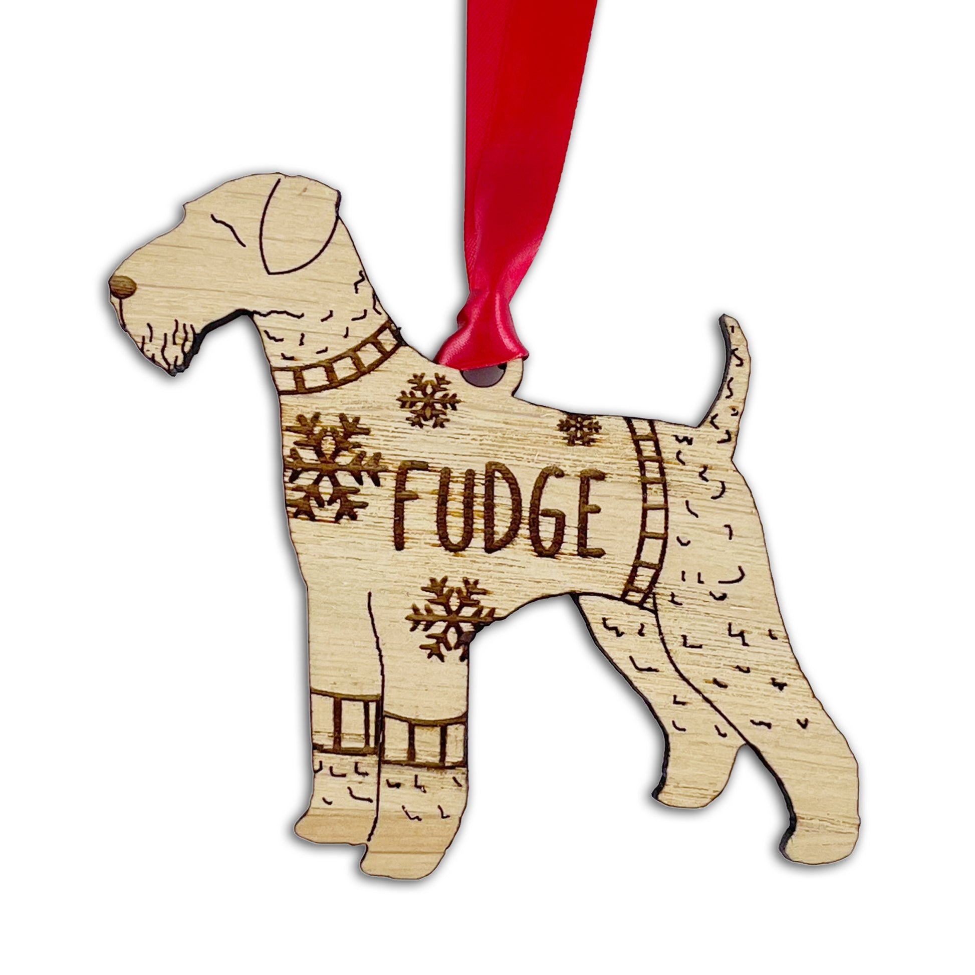 Personalised Airedale Terrier Bauble Jumper Dog Bauble - Oak Veneer Wood - Add any name