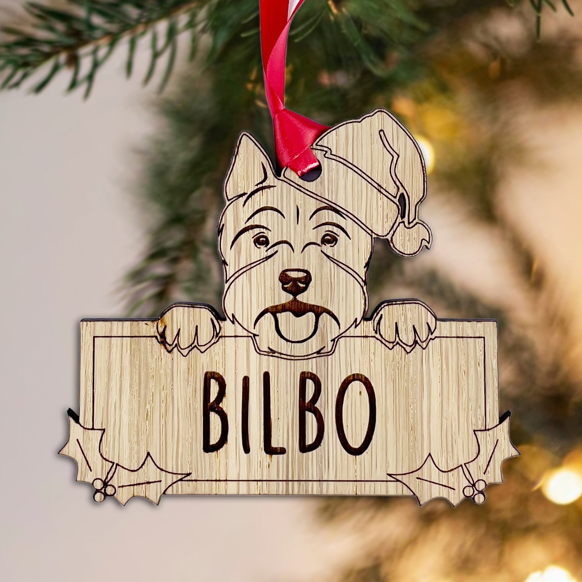 Personalised Westie Dog Bauble - Peeking Dog - Oak Veneer Wood - Add your own name!